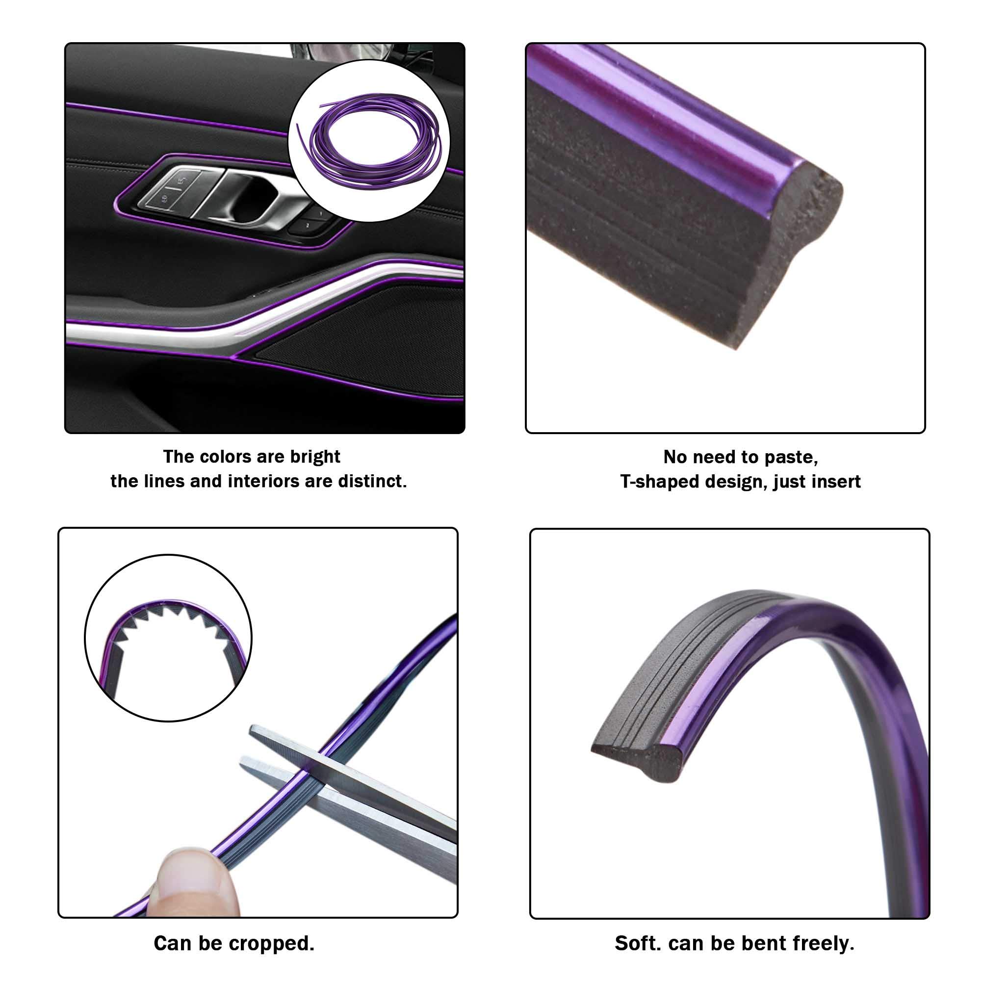 TOMALL Flexible Car Interior Moulding Strip - 5M(16ft) Electroplated Decorative Trim for Dashboard, Door Panels & Center Console - Easy Install with Included Tool - Perfect for Car Customization & Interior Styling (Purple)