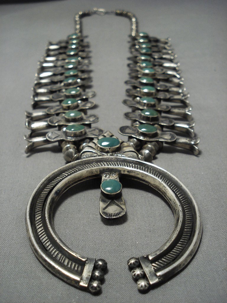 Vintage 1940s Navajo Sterling Silver Squash Blossom Necklace with Green Turquoise - Authentic Native American Jewelry for Women, Boho Fashion Accessory, Wedding Gift & Southwest Style Statement