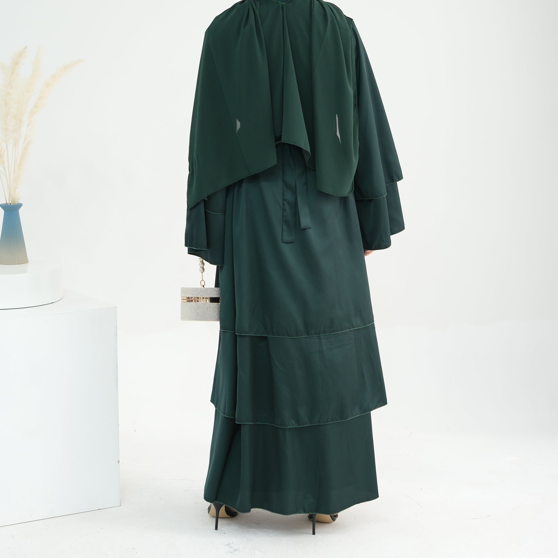 Miranda Layered Hem Satin Open Abaya - Dark Emerald Green Islamic Prayer Dress for Women | Perfect for Eid, Ramadan & Special Occasions
