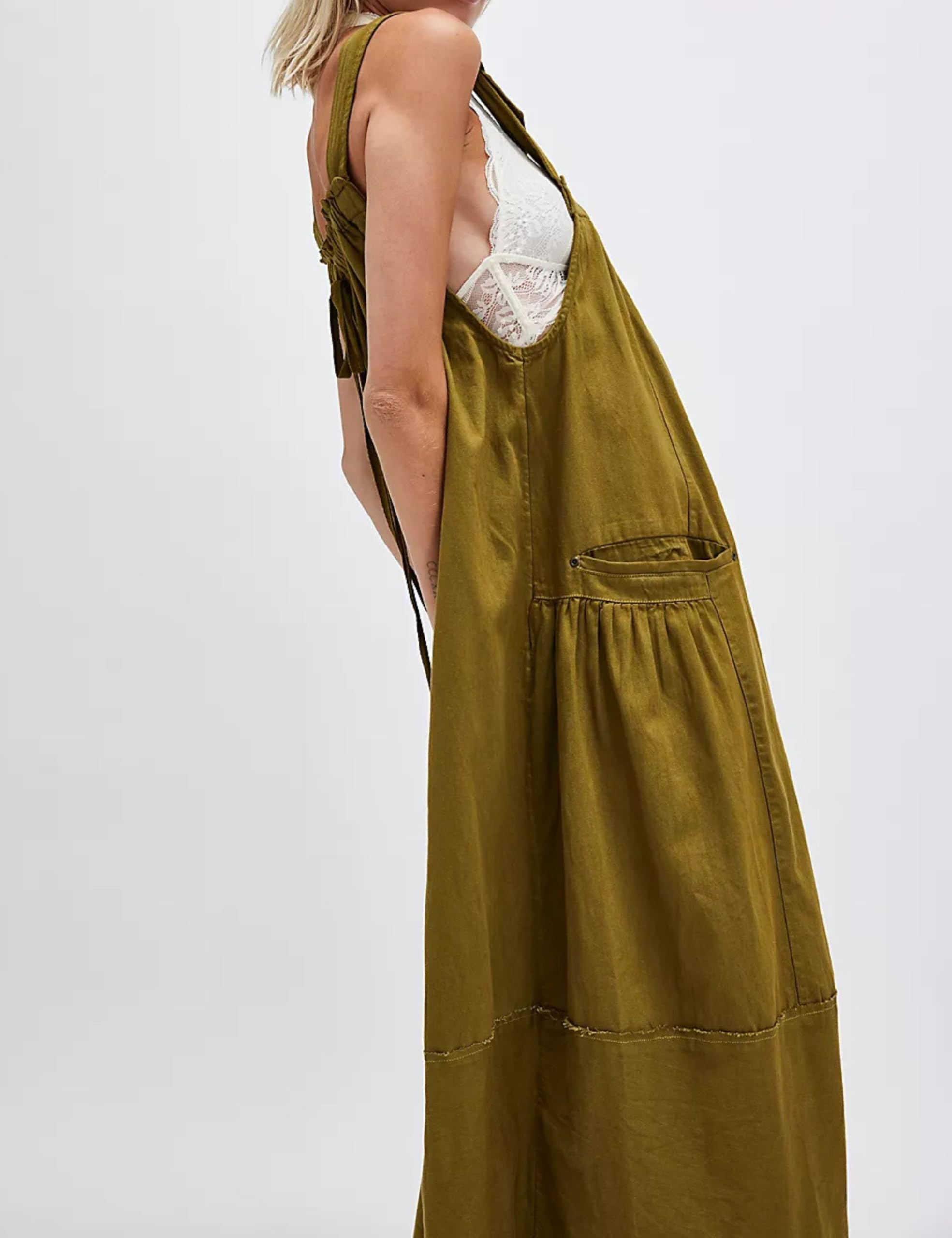 Hooever Women's Loose Fit Barrel Midi Dress with Adjustable Straps & Big Pockets - Army Green Long Maxi Dress Jumpsuit for Casual Outings, Beach Wear & Summer Fashion