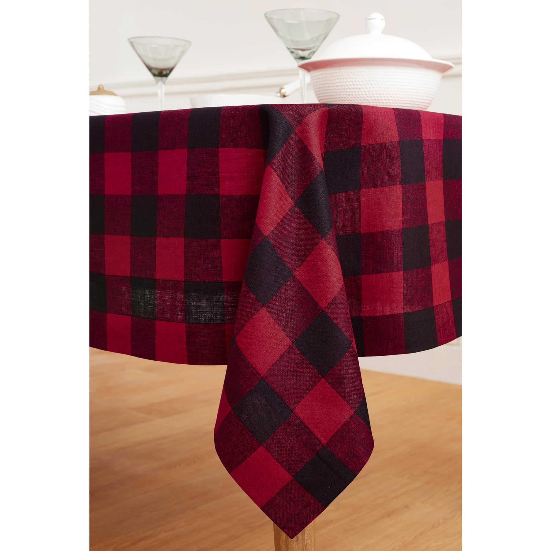 Solino Home 100% Pure Linen Tablecloth 60x120 Inch - Red and Black Buffalo Check Plaid Table Cover for Rectangle Tables - Machine Washable Dining Table Cloth for Wedding, Party, Thanksgiving & Holiday Decor