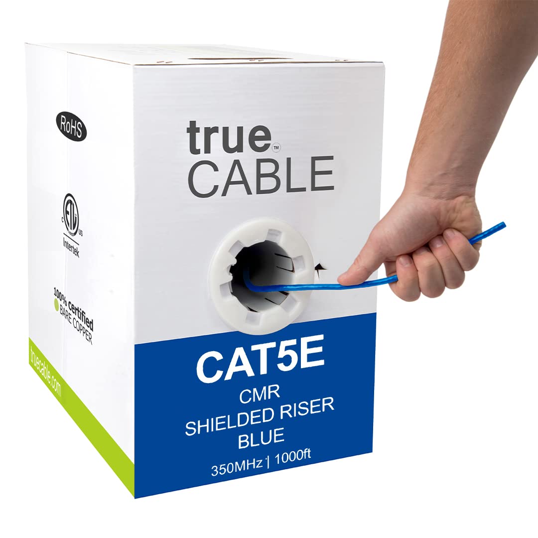 trueCABLE Cat5e Shielded Riser (CMR) Bulk Ethernet Cable - 1000ft Blue, 24AWG Solid Bare Copper, 350MHz, PoE++ (4PPoE), ETL Listed, F/UTP Aluminum Foil Shield - Ideal for Office Networks, Data Centers & High-Speed Internet Installations