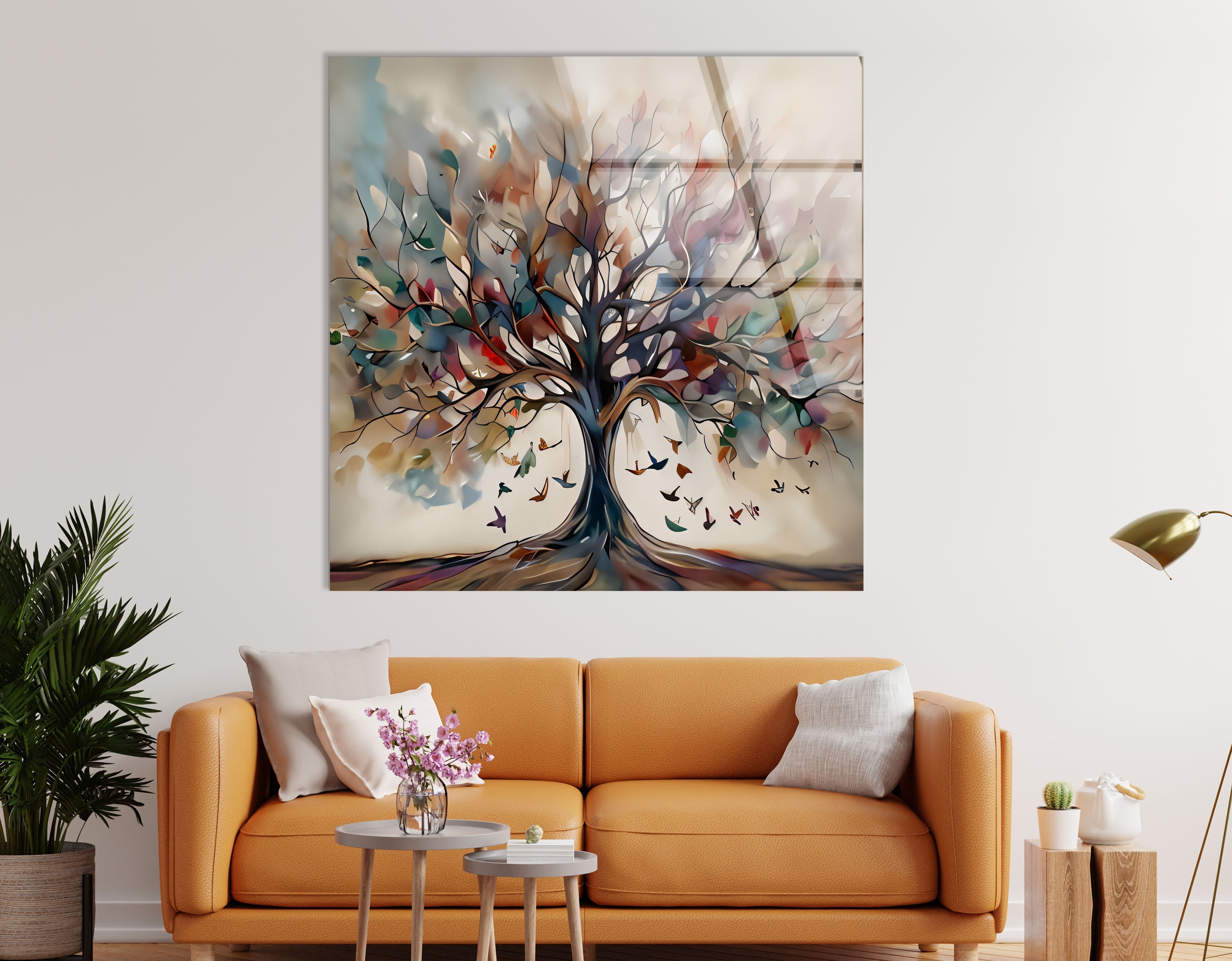Beige Tree Glass Wall Art - Elegant Home Decor for Living Room, Bedroom & Office - Perfect for Modern & Boho Interiors