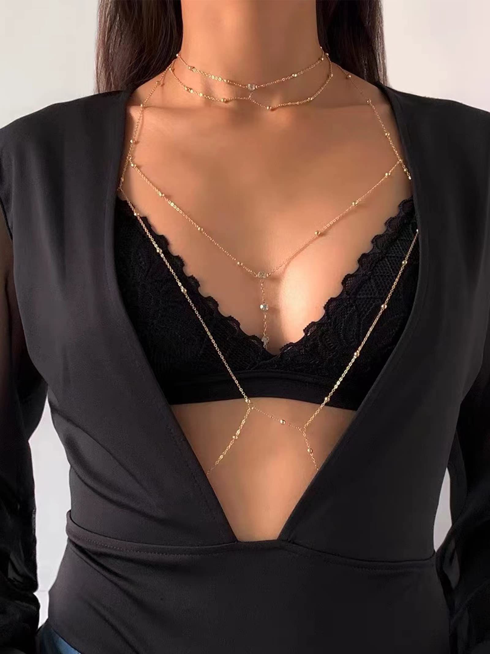 Sexy Crystal Body Chains for Women - Rhinestone Bra Chest Jewelry - Bling Beach Party Accessories for Bikini, Festival & Night Out