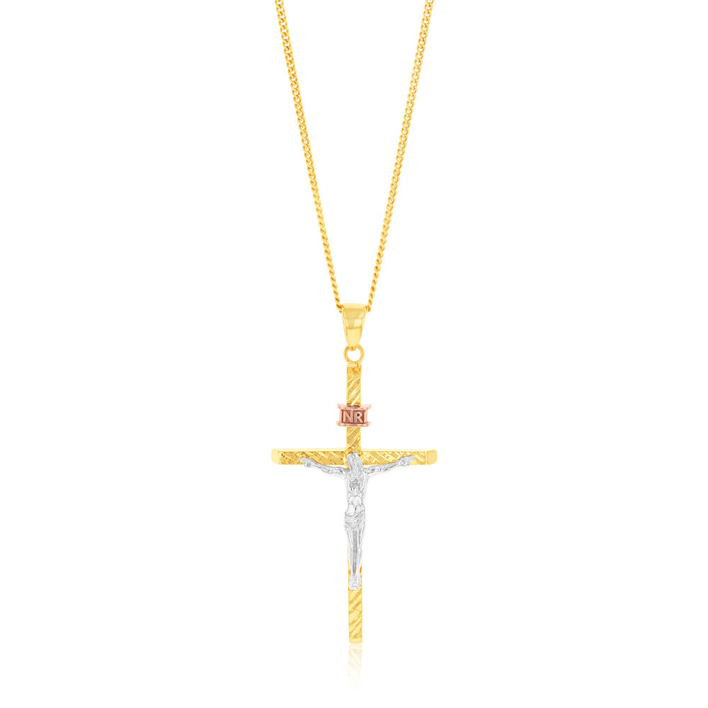 9ct Yellow and White Gold Two-Tone Diamond-Cut 35mm x 19mm Crucifix Pendant for Men & Women - Perfect for Gifts, Religious Jewelry, and Everyday Wear
