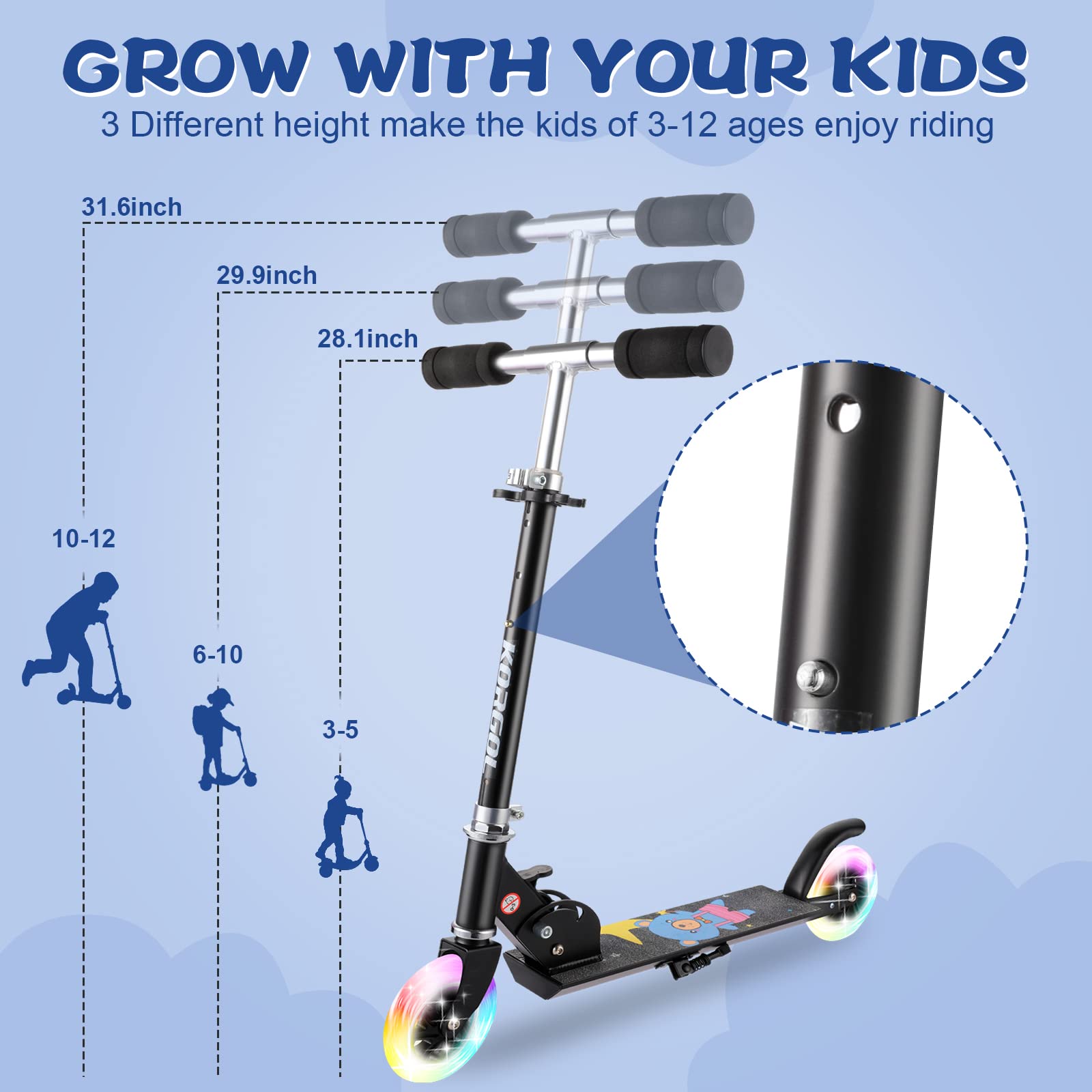 **Best Kids Kick Scooter for Ages 3-12 - LED Light Up Wheels, 3-Level Adjustable Handlebar, Lightweight & Foldable 2-Wheel Scooter in Pink - Perfect for Girls & Boys - Great for Outdoor Play, Commuting & Birthday/Christmas Gifts**