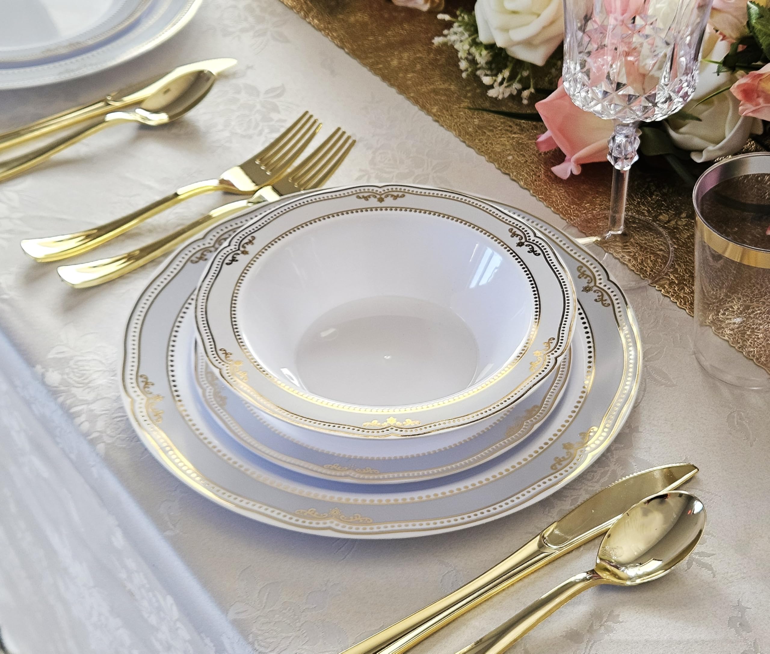 60-Piece Disposable Plastic Plates & Bowls Set - 12oz Scalloped Soup Bowls for Weddings, Parties & Events (White/Blue & Gold) - Perfect for Catering, Picnics & Family Gatherings