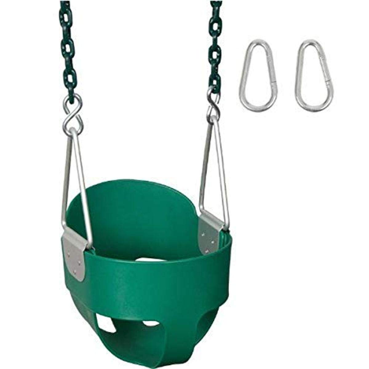 Highback Full Bucket Swing Seat with 5.5' Coated Safety Chain & SSS Logo - Durable Green Outdoor Swing Set Accessory for Backyards, Parks, and Playgrounds