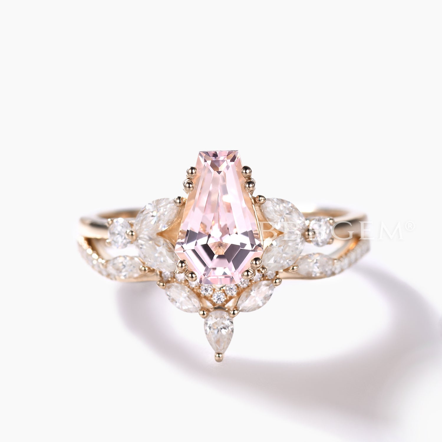 Elegant Coffin-Shaped Morganite Bridal Ring Set with Curved Matching Wedding Band - Perfect for Gothic Weddings, Alternative Engagement, and Unique Bridal Jewelry Gifts
