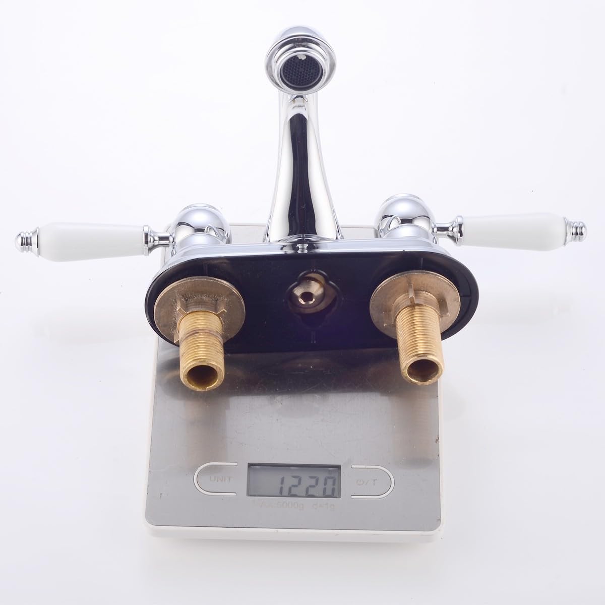 Chrome Polished Heavy Duty Brass Centerset Bathroom Sink Faucet - 4 Inch Lux Belle Style White Double Handle Vanity Faucet with Supply Lines & Pop Up Drain - Perfect for Modern Bathroom Renovation & Powder Room Upgrade