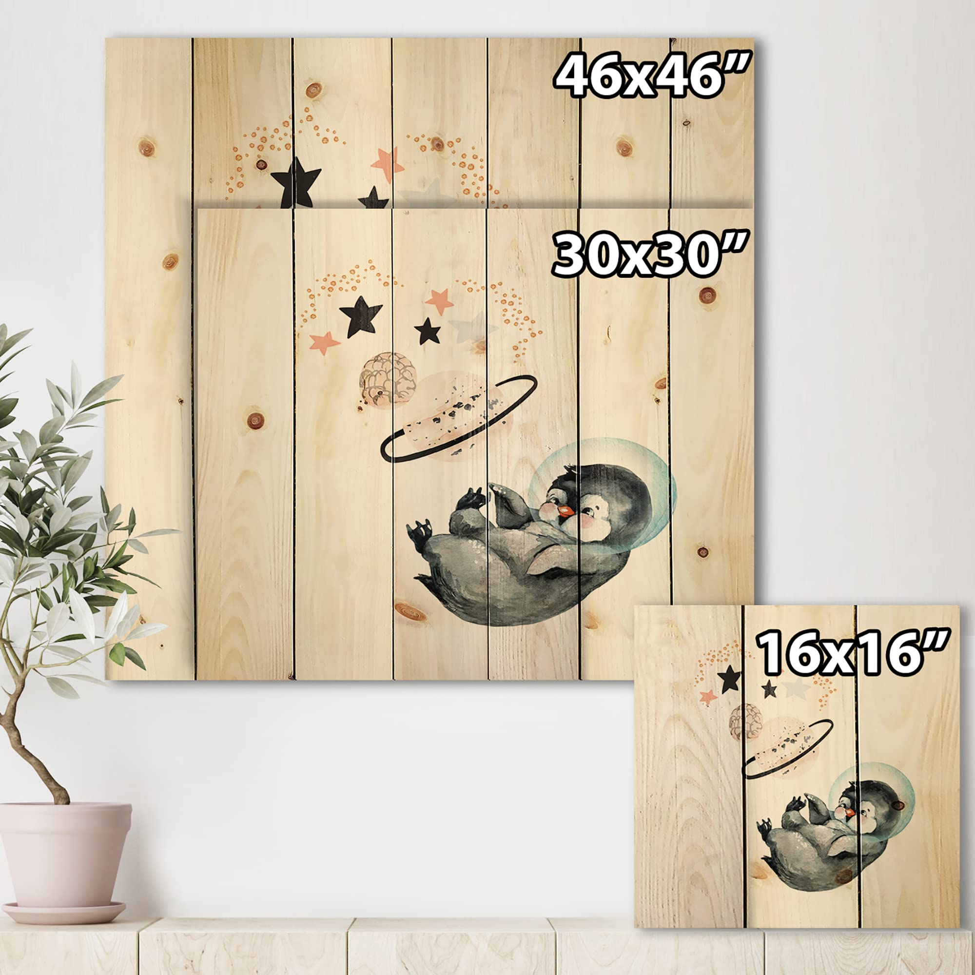 Farmhouse Wood Wall Decor - Little Penguin with Stars & Planets, Grey Wood Wall Art, Large Animal Wood Panels Printed on Natural Pine - Perfect for Nursery, Kids Room & Living Room Decor