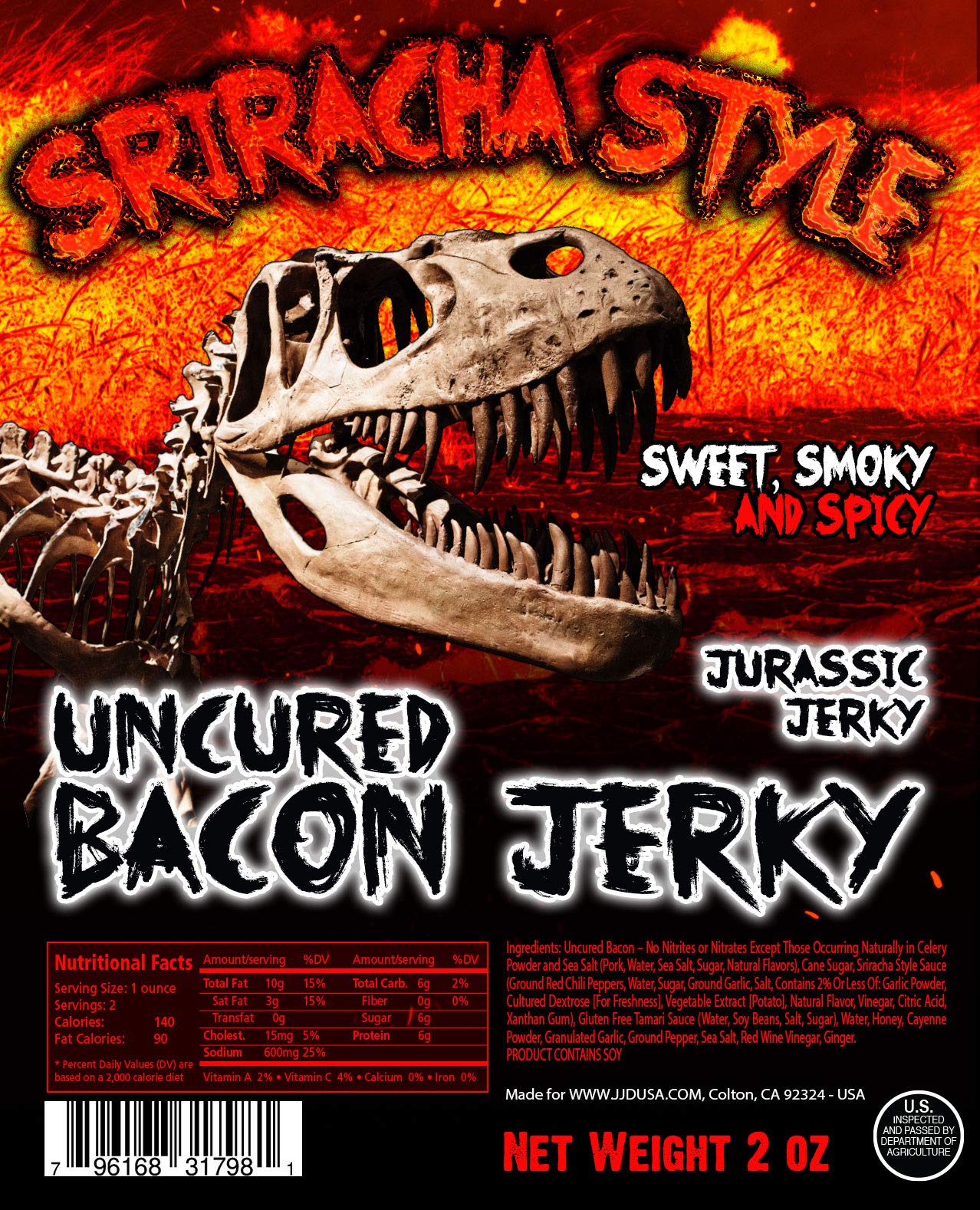 Sriracha Hot Sauce Bacon Jerky – Spicy Keto-Friendly Meat Snacks, MSG-Free, High Protein, 3-Pack (2 oz Each) – Perfect for Hiking, Camping & On-the-Go Snacking | Jurassic Jerky's Premium Sriracha-Flavored Bacon Jerky