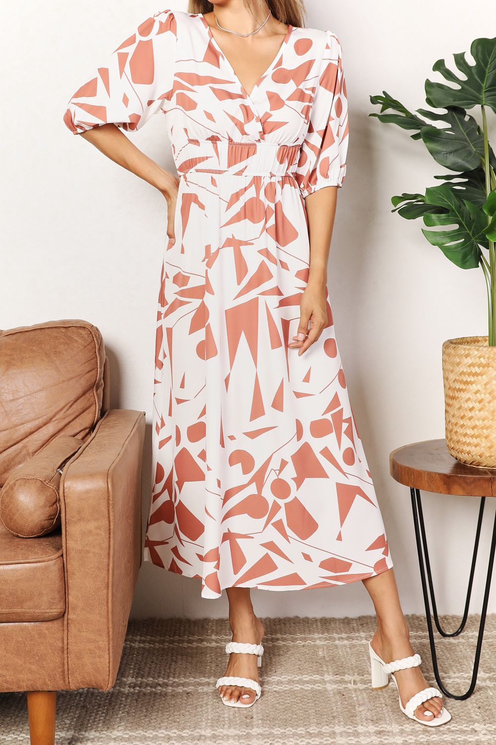 Elegant Printed Surplice Balloon Sleeve Dress for Women - Flowy Summer Midi Dress with V-Neck - Perfect for Beach Vacations, Date Nights & Garden Parties