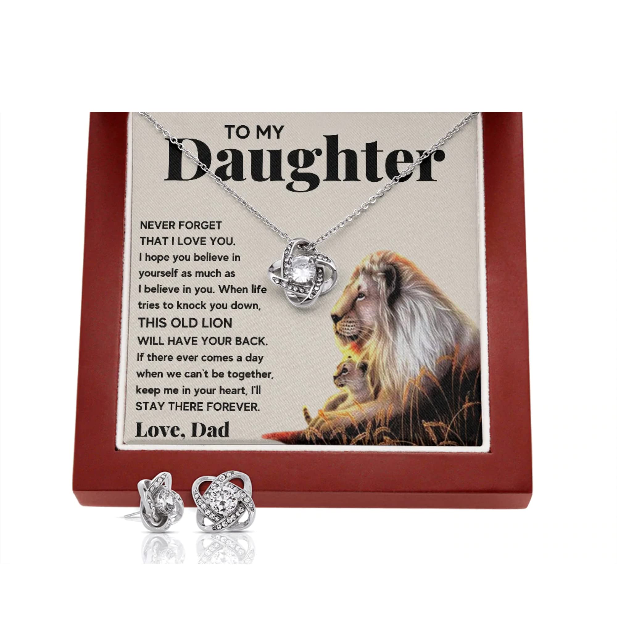 Father Daughter Necklace - Personalized Jewelry Gift for Daughter from Dad, Birthday, Graduation, Christmas Present with Message Card & LED Gift Box (Includes Earrings, Lion Knot Set) - Perfect for Special Occasions & Heartfelt Moments