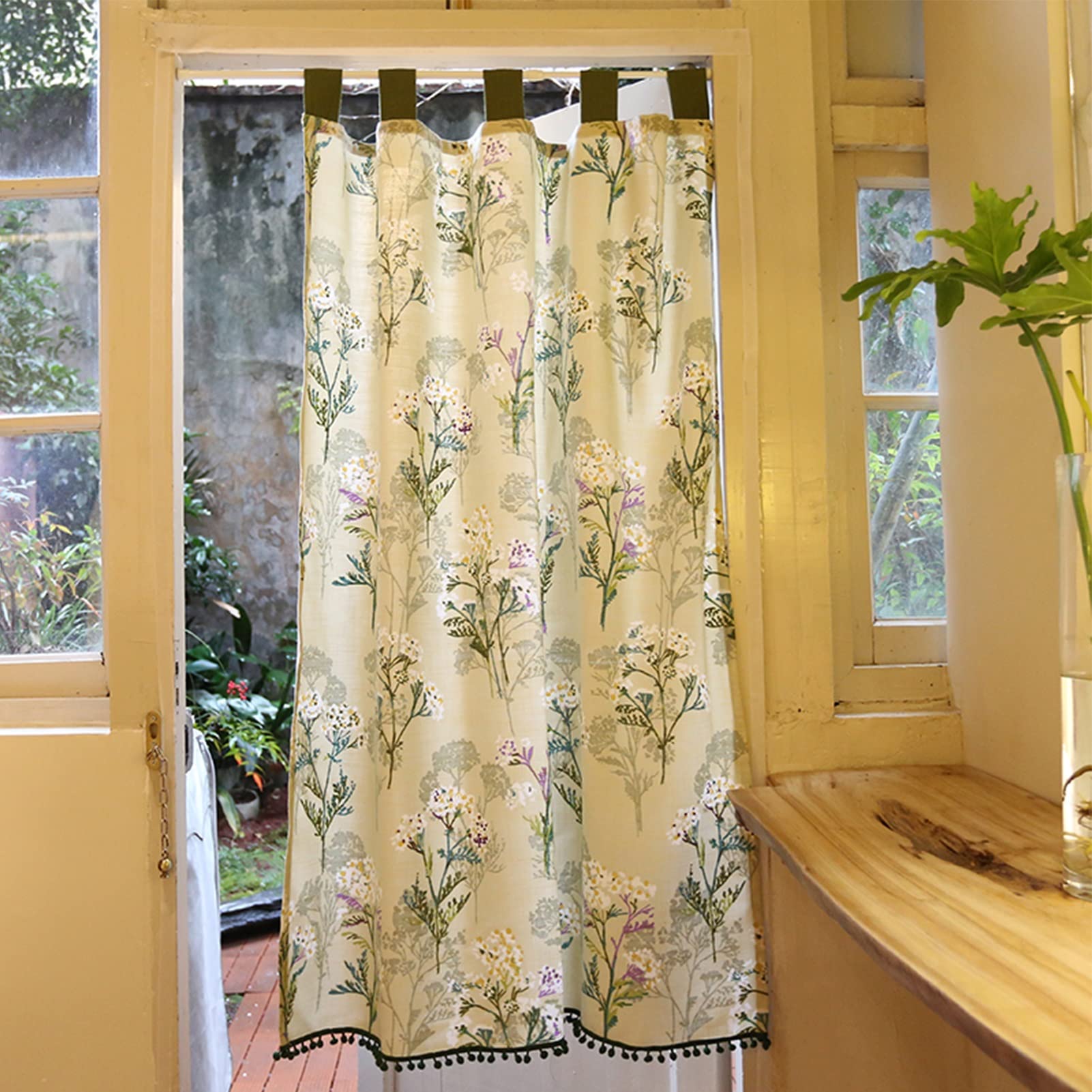 Modern Cafe Tier Kitchen Window Curtains - Cotton Linen Blend with Floral Print, Pompom & Bowknot Trim - Half Short Curtain for Bathroom, Bedroom, Living Room & Small Windows (WxH) - Perfect for Farmhouse, Cottage & Boho Home Decor