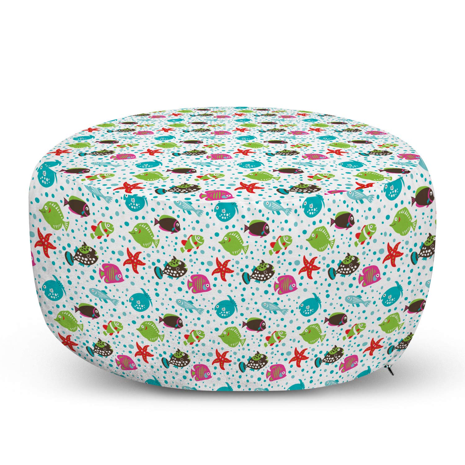 Ambesonne Underwater Ottoman Pouf - Doodle Fishes, Starfish, Anemone & Butterflyfish Design - Soft Foot Rest with Removable Cover for Living Room, Bedroom & Dorm - Perfect for Relaxing, Reading & Decor (Multicolor)