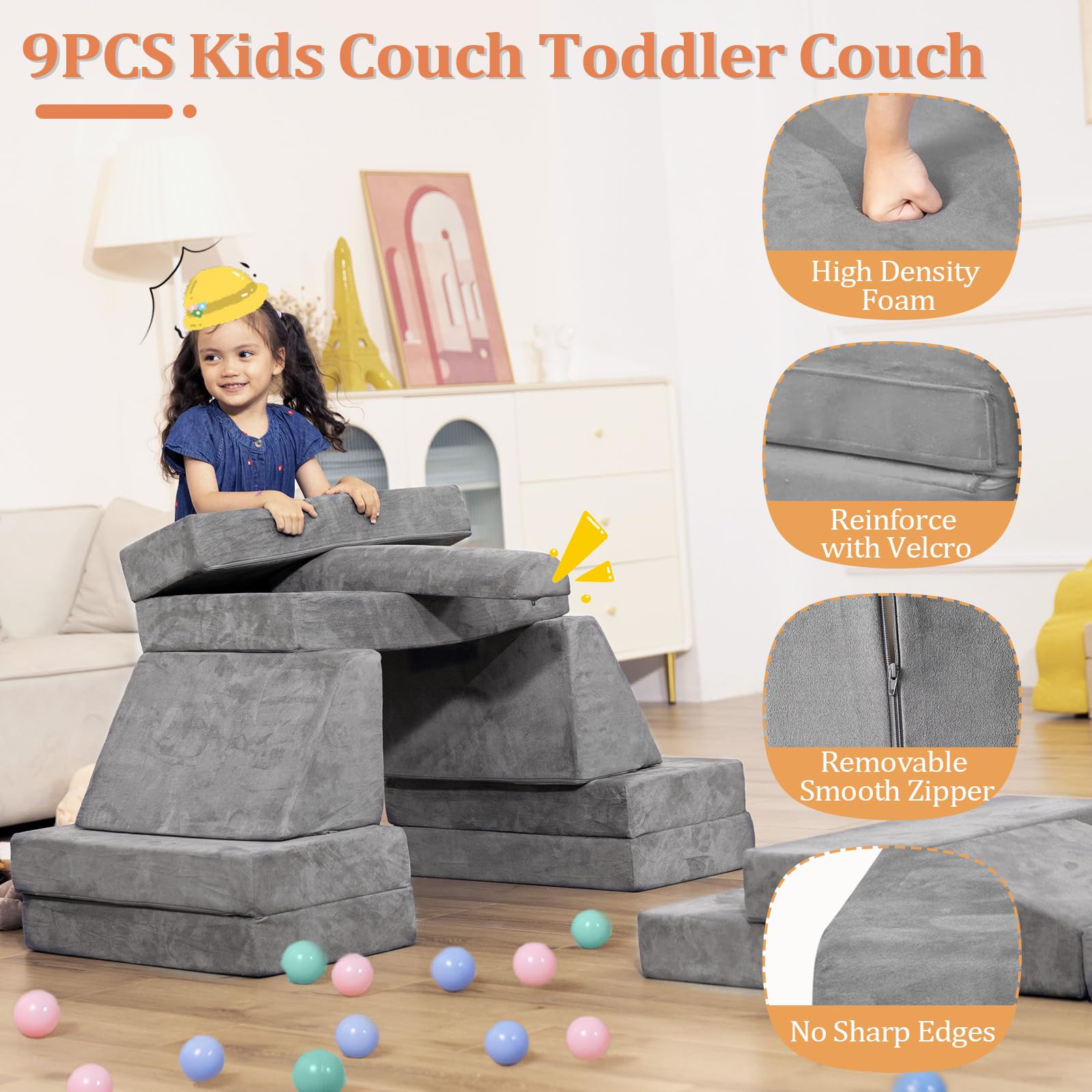 Best Modular Kids Play Couch - Convertible Toddler Sofa with Foam Climbing Blocks for Boys & Girls | Indoor Playroom, Nursery, Daycare & Montessori Learning Activities