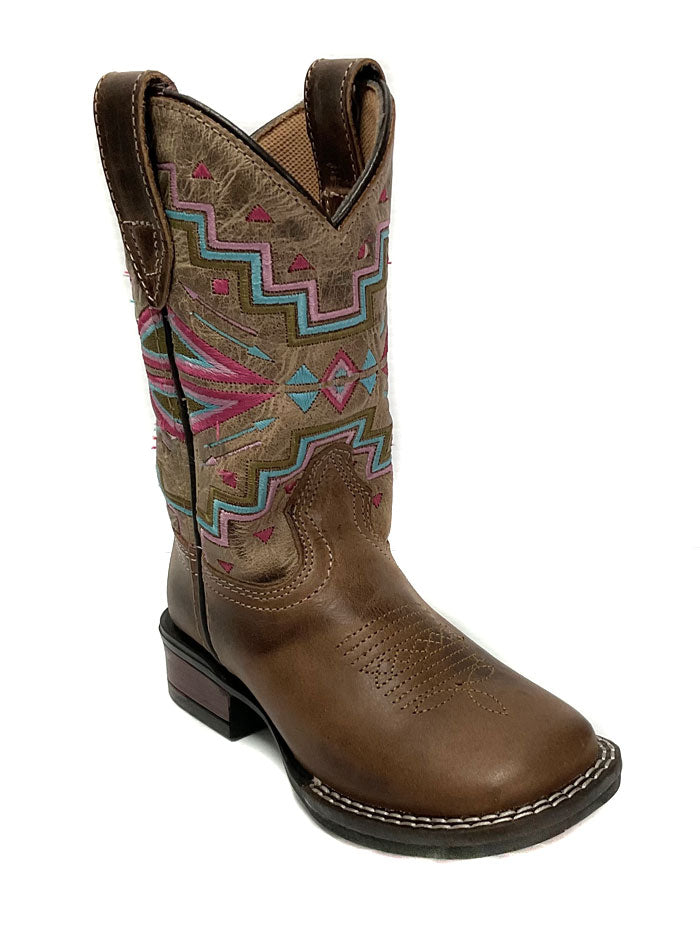 Roper Kids Monterey Aztec Leather Boots for Boys & Girls - Brown Western Cowboy Boots for School, Rodeo & Outdoor Play