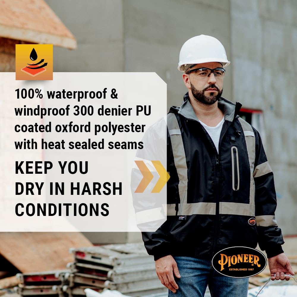 Pioneer Hi-Vis Waterproof Heated Safety Bomber Jacket for Men - Class 1 Winter Rain Gear with Reflective Tape & Detachable Hood - Ideal for Construction, Road Work & Outdoor Winter Activities