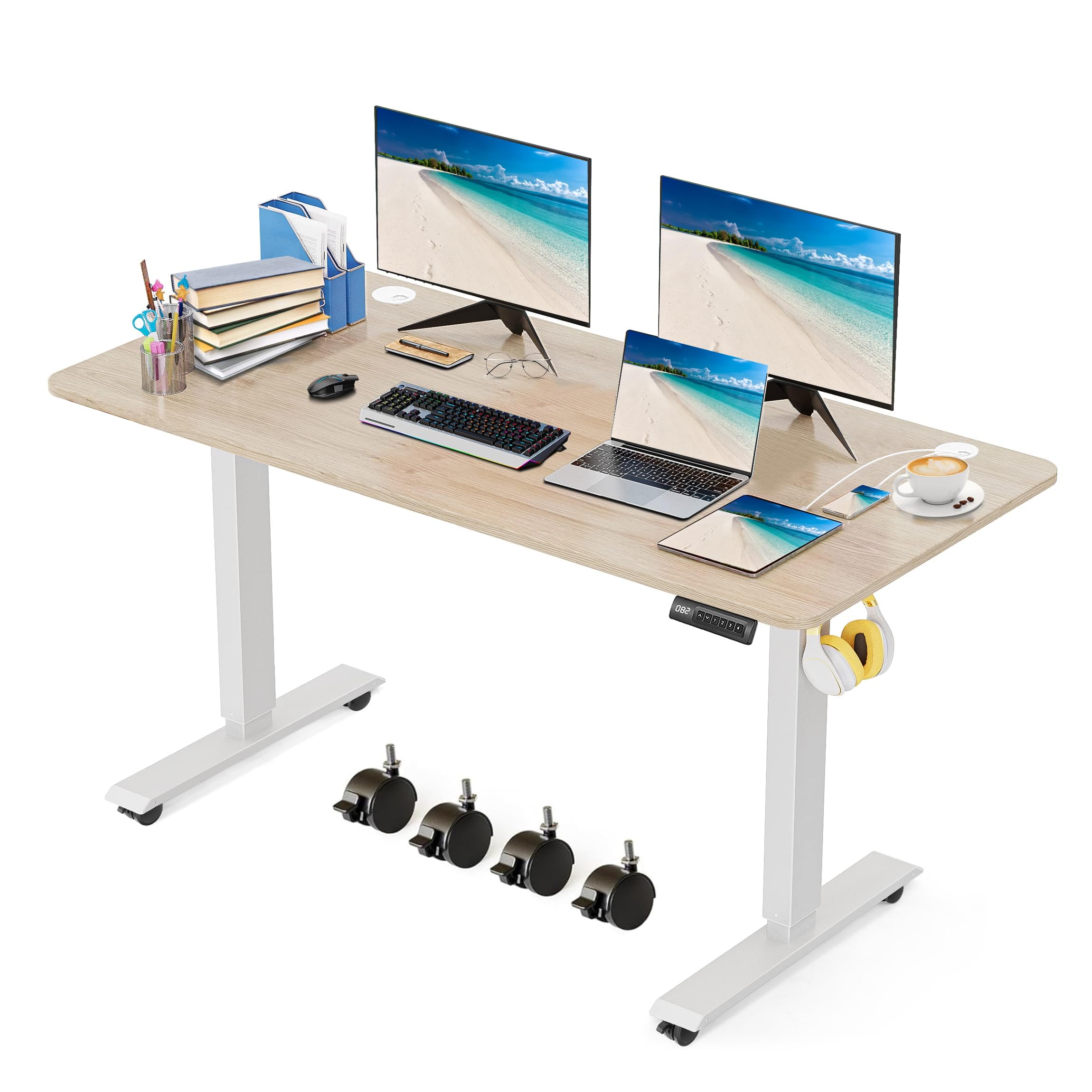 Electric Standing Desk 55 x 24 Inches - Adjustable Height Sit Stand Desk with Memory Preset & Wheels, Oak Finish - Perfect for Home Office, Gaming & Computer Workstation (Ergonomic Workspace Solution)