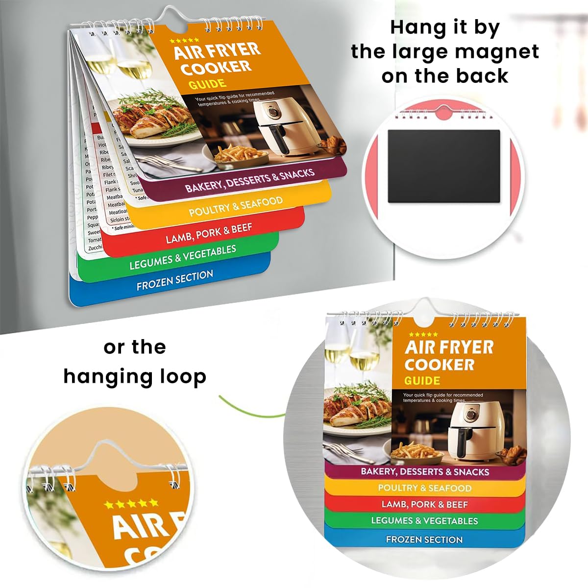 HASTHIP® Magnetic Air Fryer Cooking Times Guide - Color-Coded Kitchen Cheat Sheets with Comprehensive Timing Charts & Recipe Booklet for Oven, Air Fryer & Kitchen Appliances | Perfect for Meal Prep, Quick Cooking & Healthy Eating