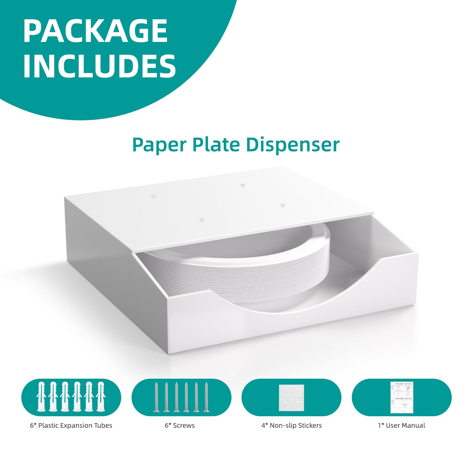 8/9/10 Inch Acrylic Paper Plate Dispenser - 4mm Thick Wall Mounted Plate Holder Organizer for Kitchen Cabinet & Countertop - Sturdy White Plate Storage for Indoor & Outdoor Dining, BBQs, Picnics & Parties