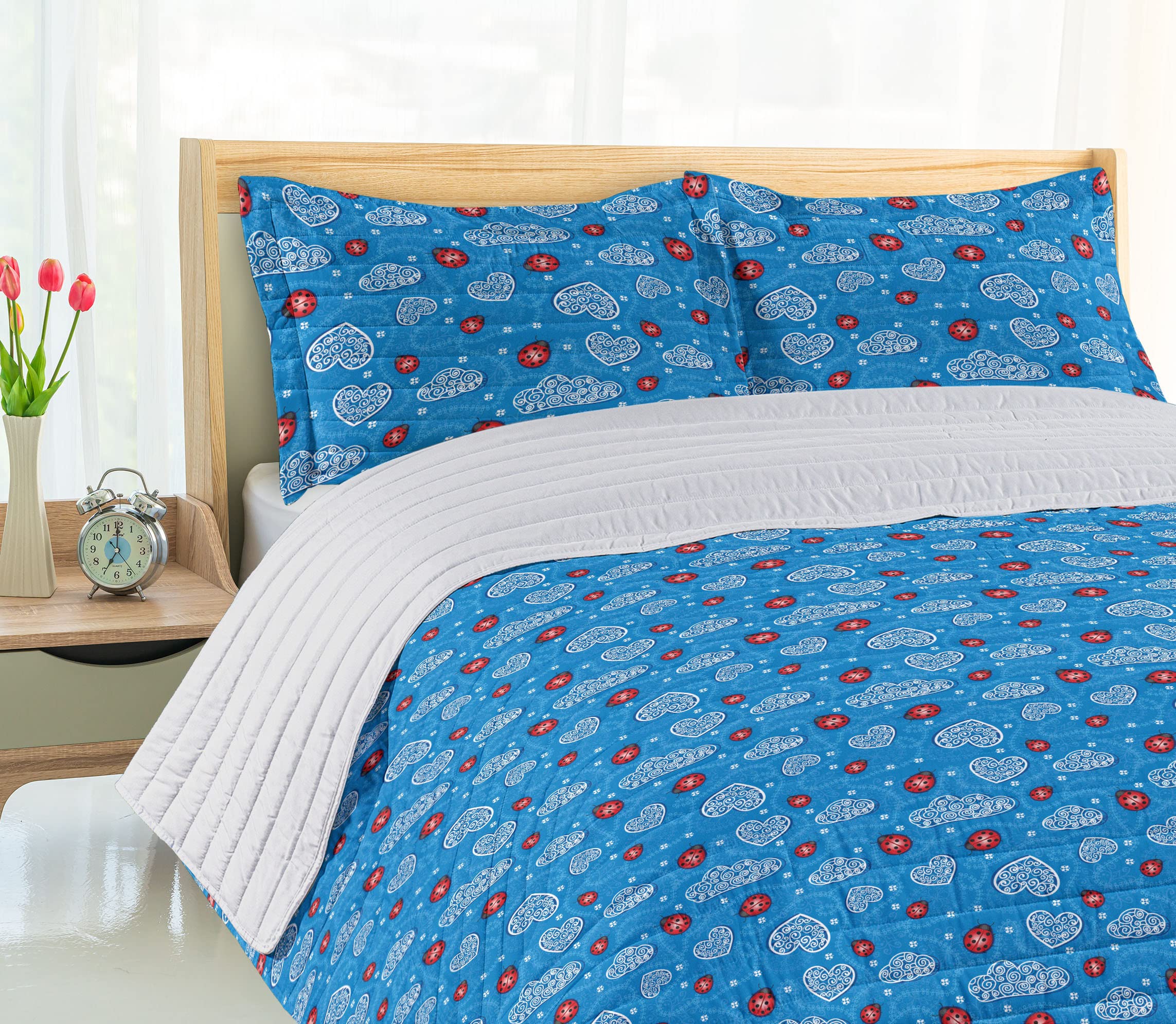 Ambesonne Ladybugs Microfiber Bedspread Set - Queen Size Blue Red, Soft Bedding with Pillow Shams & Comforter, Ladybug and Cloud Art Design - Perfect for Kids' Rooms, Guest Bedrooms, and Nature-Themed Decor