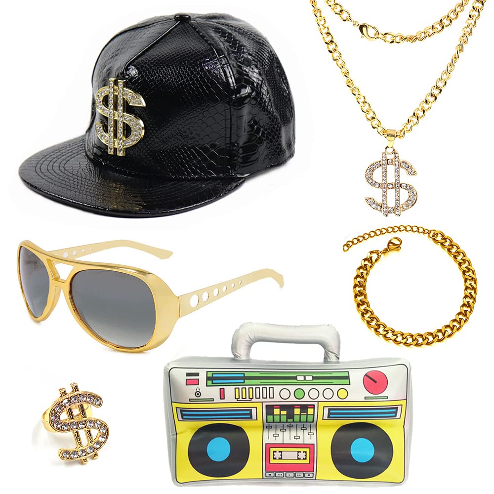 Gionforsy Hip Hop Costume Kit - 80s 90s Rapper Accessories Set with Baseball Cap & Inflatable Radio Boombox - Perfect for Halloween, Cosplay, Themed Parties and Music Events
