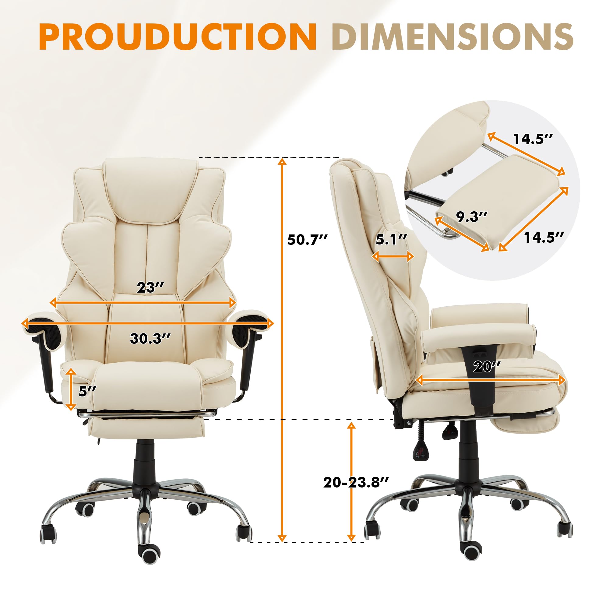 HOMREST 6-Point Massage Executive Office Chair with Heating - Ergonomic Leather Computer Desk Chair, Adjustable Armrests, Retractable Footrest & Reclining Function (Off White) - Perfect for Home Office, Gaming & Workspaces