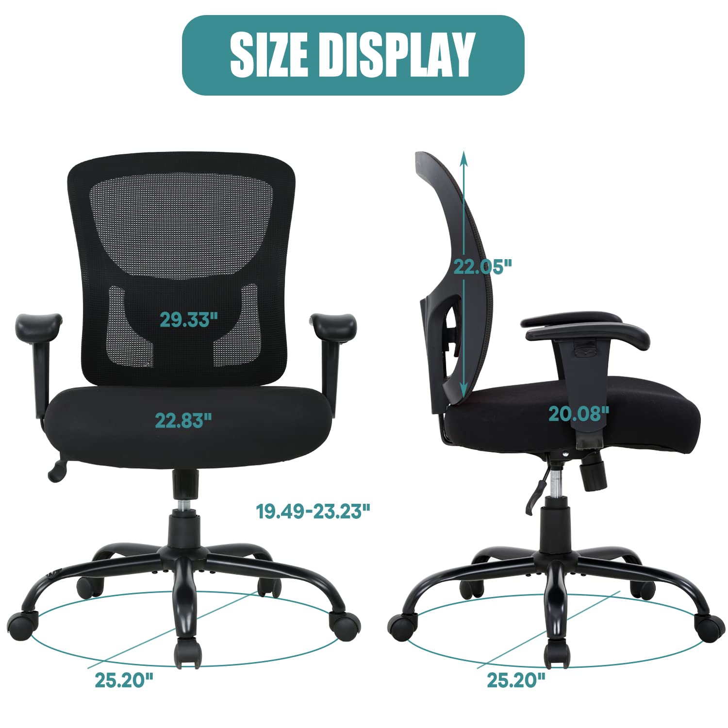 Big and Tall Office Chair for Heavy People up to 400lbs - Extra Wide Seat Computer Desk Chair with Adjustable Arms & Ergonomic Lumbar Support - Rolling Swivel Chair for Home Office - Perfect for Long Work Hours & Gaming Sessions (Black)