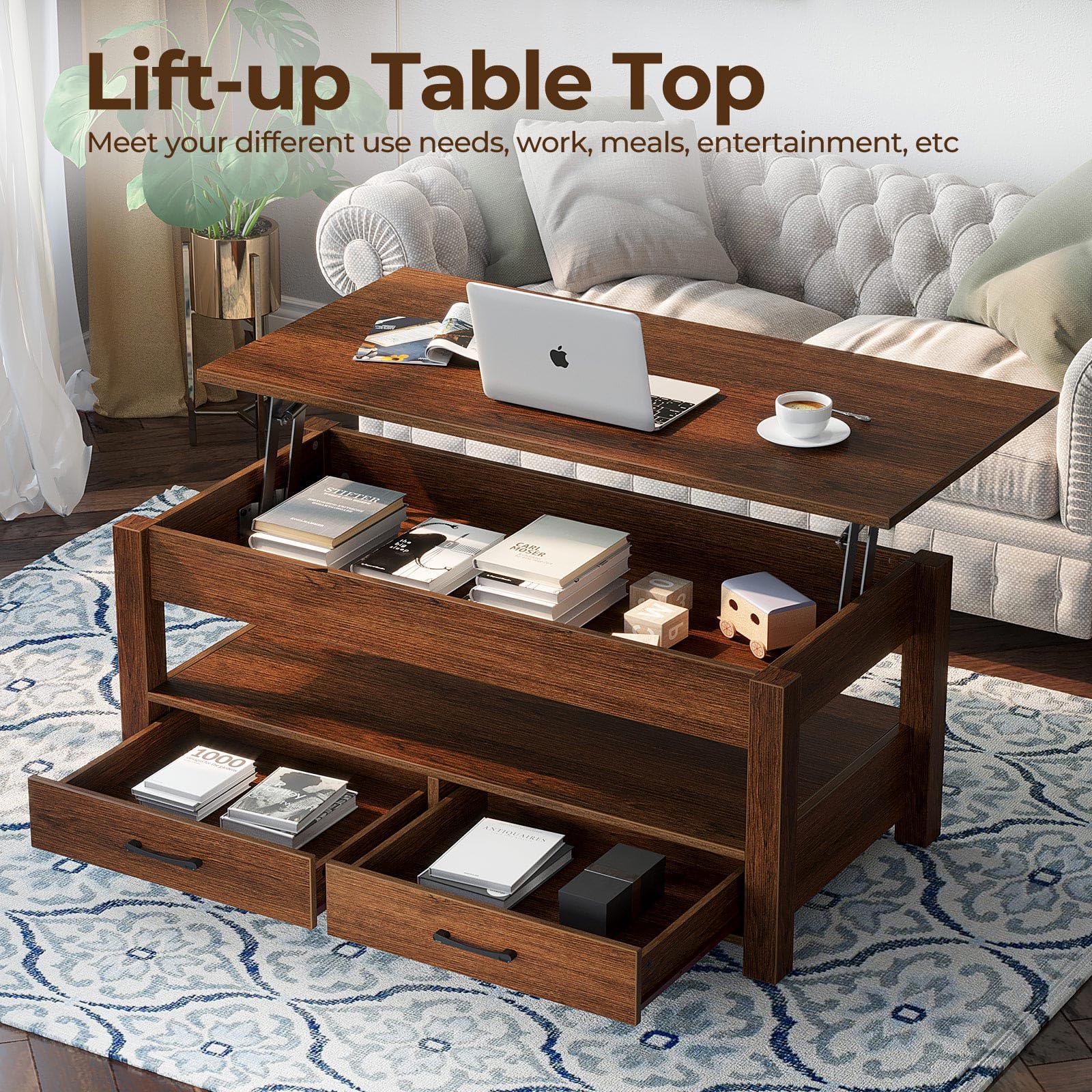 Rolanstar Lift Top Coffee Table with Drawers & Hidden Storage - Retro Wooden Lift-Top Center Table for Living Room, Espresso Finish - Perfect for Small Spaces & Entertaining Guests