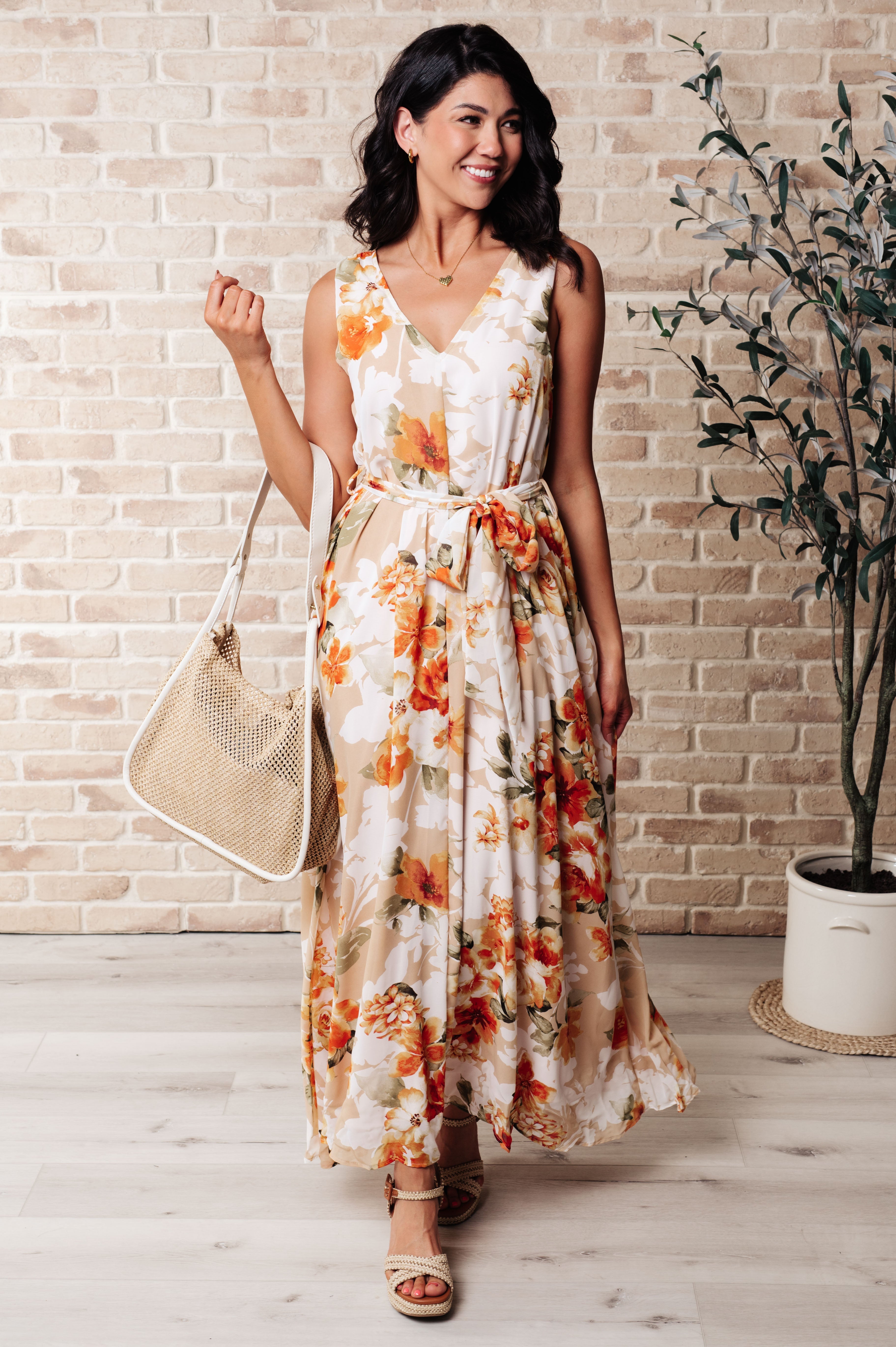 Sunny Orange Floral V-Neck Dress - Perfect for Summer Outings, Beach Vacations & Casual Dates