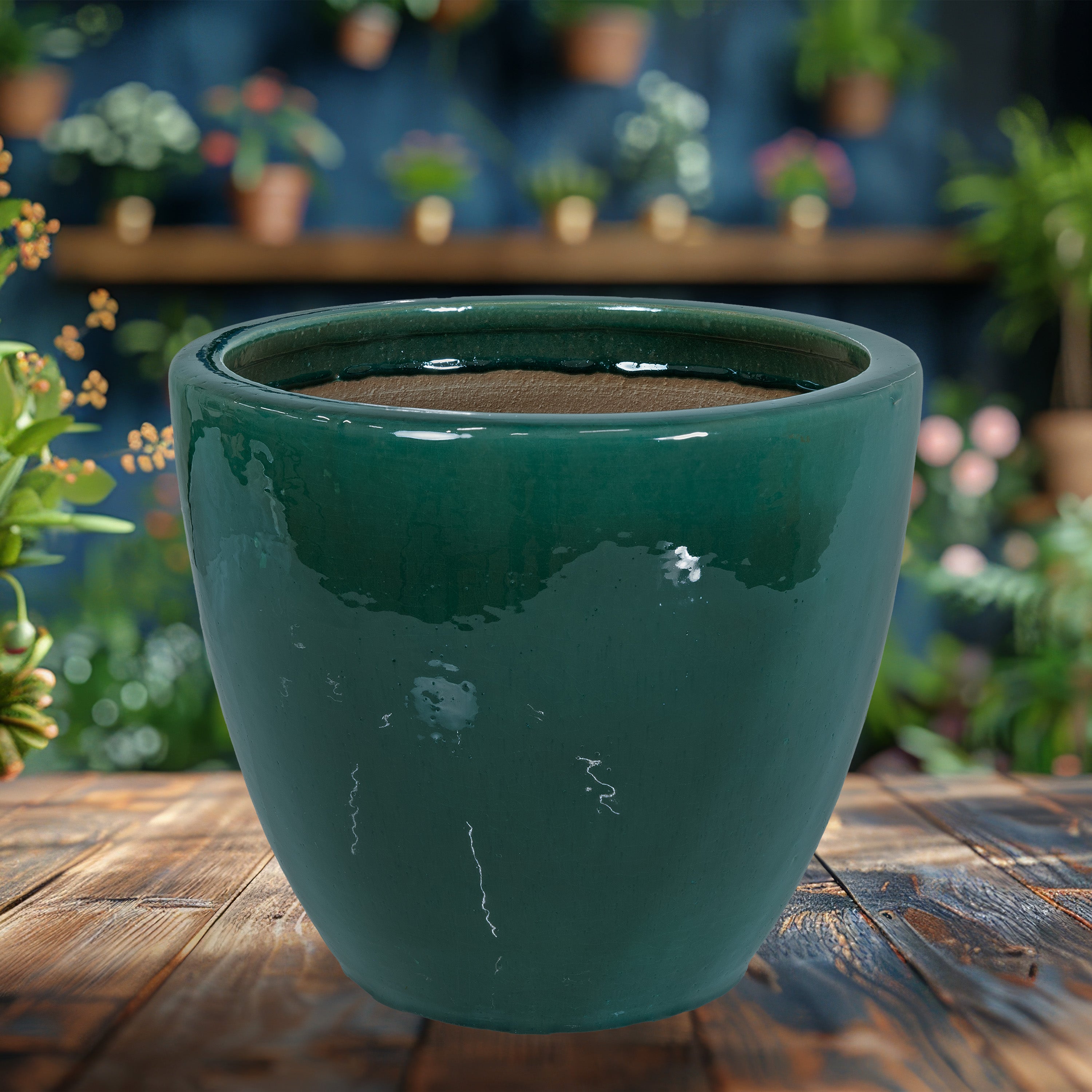 Sunnydaze Resort Round Glazed Ceramic Planter with Drainage Hole - Outdoor Garden Flower Pot for Patio, Deck & Balcony Decor
