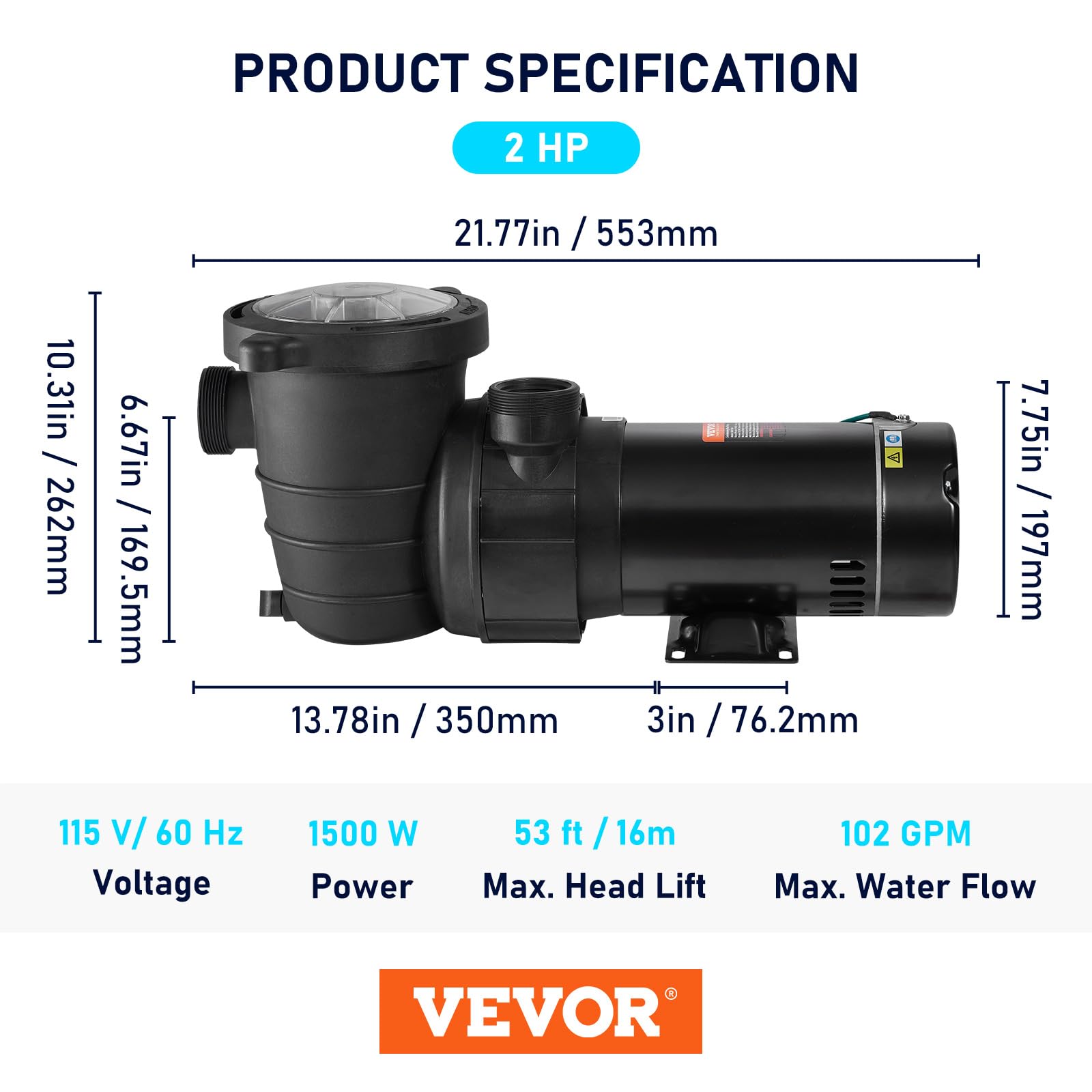 VEVOR 2.0HP 115V Swimming Pool Pump - 1500W Single Speed Above Ground Pool Pump with Strainer Basket, 5400 GPH Max Flow, ETL Certified | Perfect for Inground & Above Ground Pools, Backyard Water Features, and Pool Maintenance