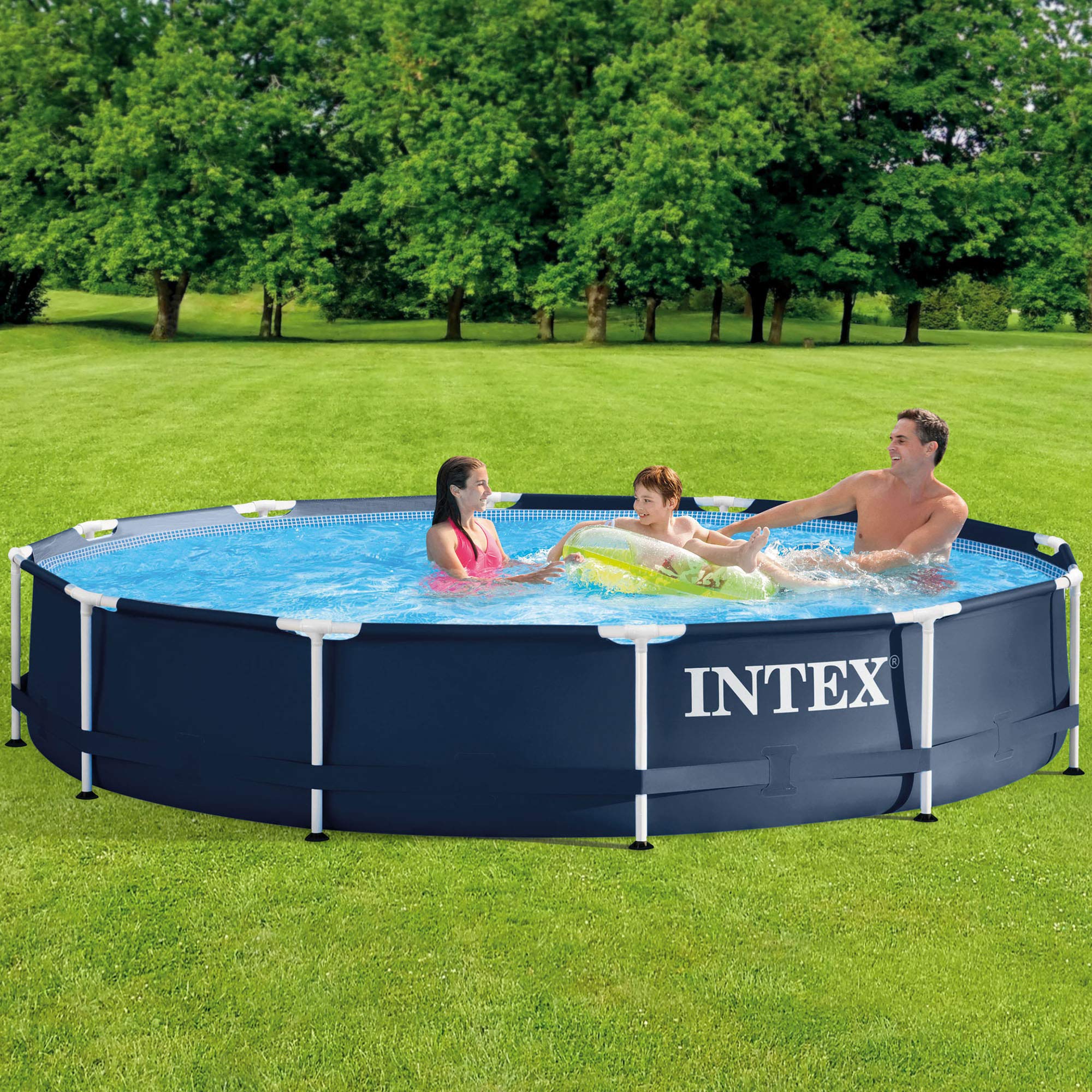 Intex 12ft x 30in Round Metal Frame Above Ground Swimming Pool with 530 GPH Filter Pump - Outdoor Backyard Family Pool for Summer Fun, Parties & Relaxation