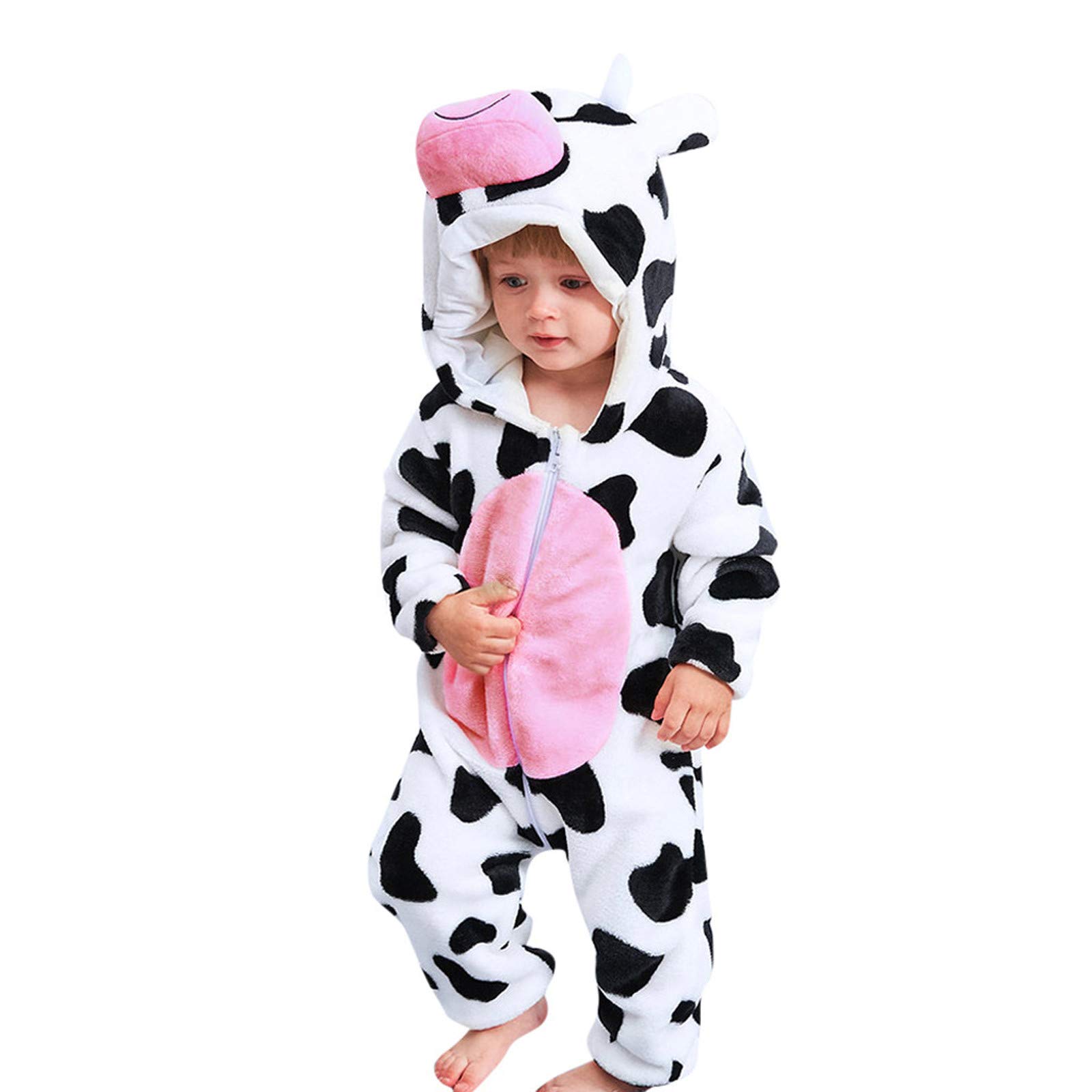 Baby Boys & Girls Flannel Cartoon Cow Print Hooded Romper Jumpsuit Set - Newborn Infant Outfit for Playdates, Photo Shoots & Cozy Home Wear