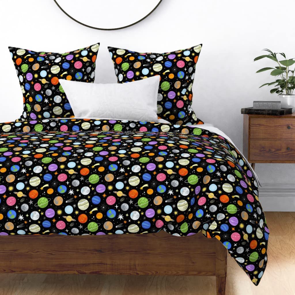 Soft Cotton Sateen Duvet Cover Twin Size - Celestial Print with Planets, Stars, Moon & Galaxy Design | Custom Space-Themed Bedding by Spoonflower | Perfect for Kids' Rooms, Astronomy Lovers & Unique Home Decor