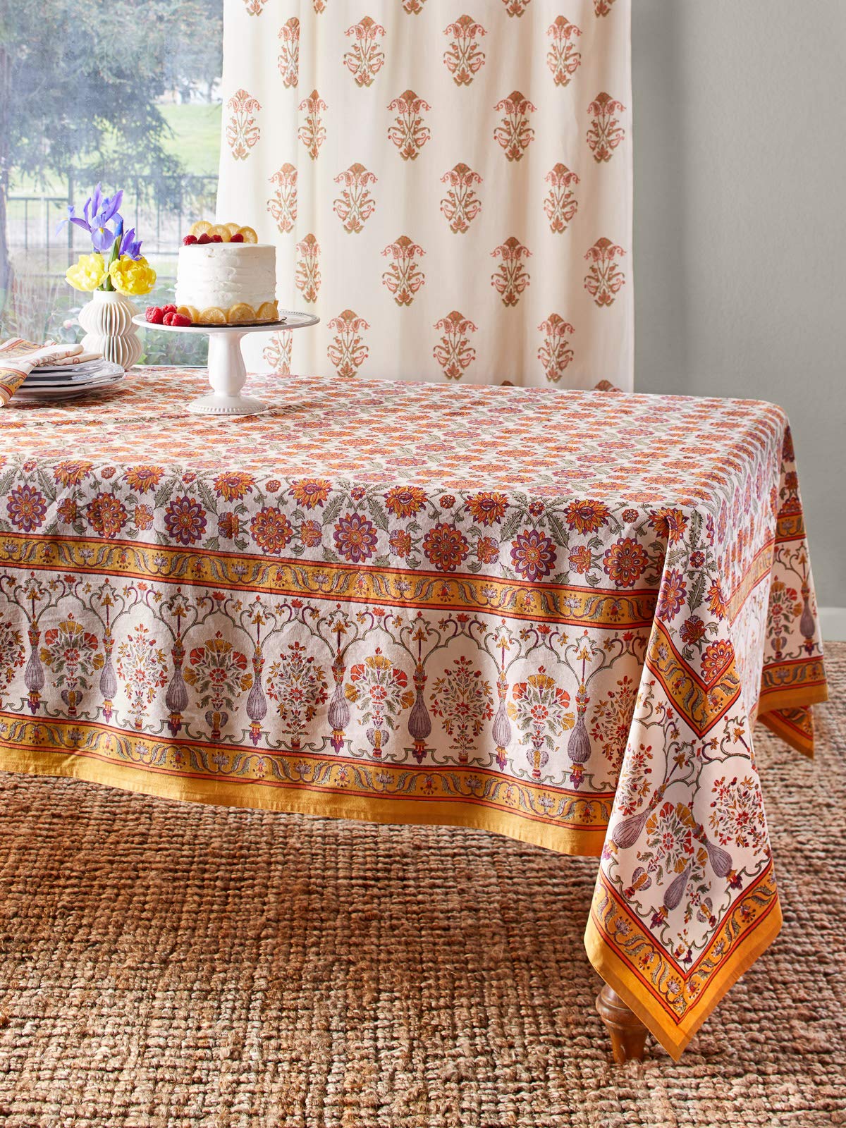 Orange Blossom Rectangle Hand Block Printed Tablecloth - 100% Cotton Luxurious Washable Table Cover for Kitchen, Dining & Coffee Table (70x120 Inches) - Perfect for Home Decor, Parties & Special Occasions