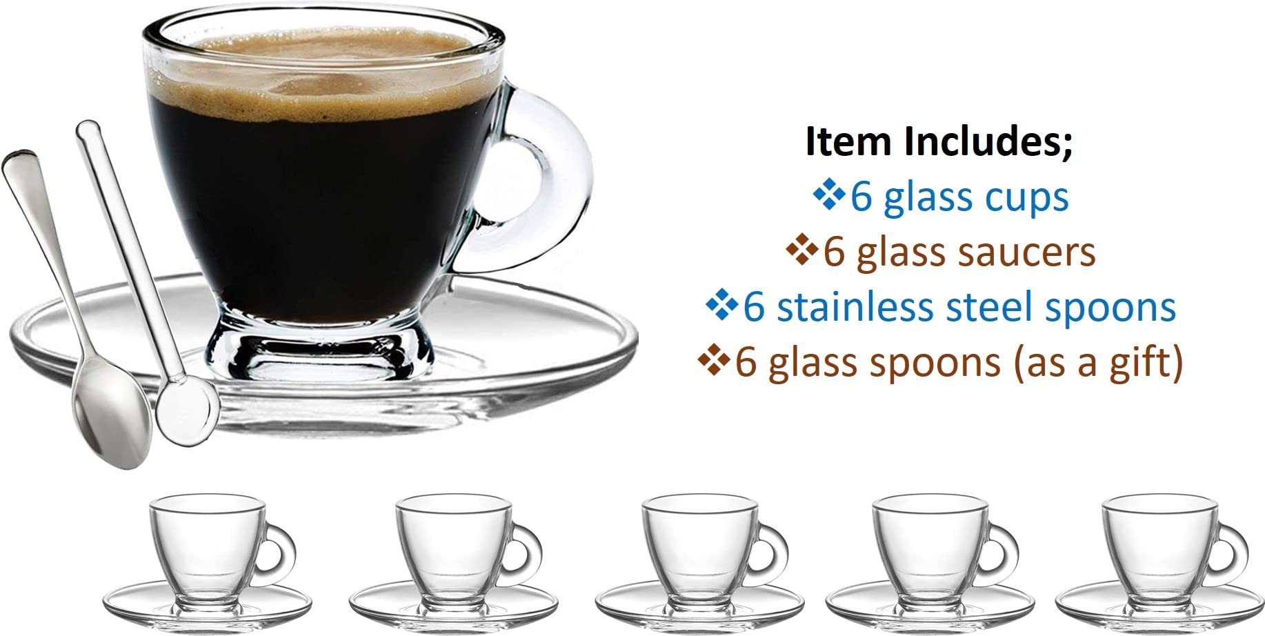 Premium Clear Glass Espresso Cups Set - 3.2 oz Demitasse with Saucers & Stainless Steel Spoons (6-Piece) - Perfect for Italian Coffee, After-Dinner Drinks & Elegant Entertaining