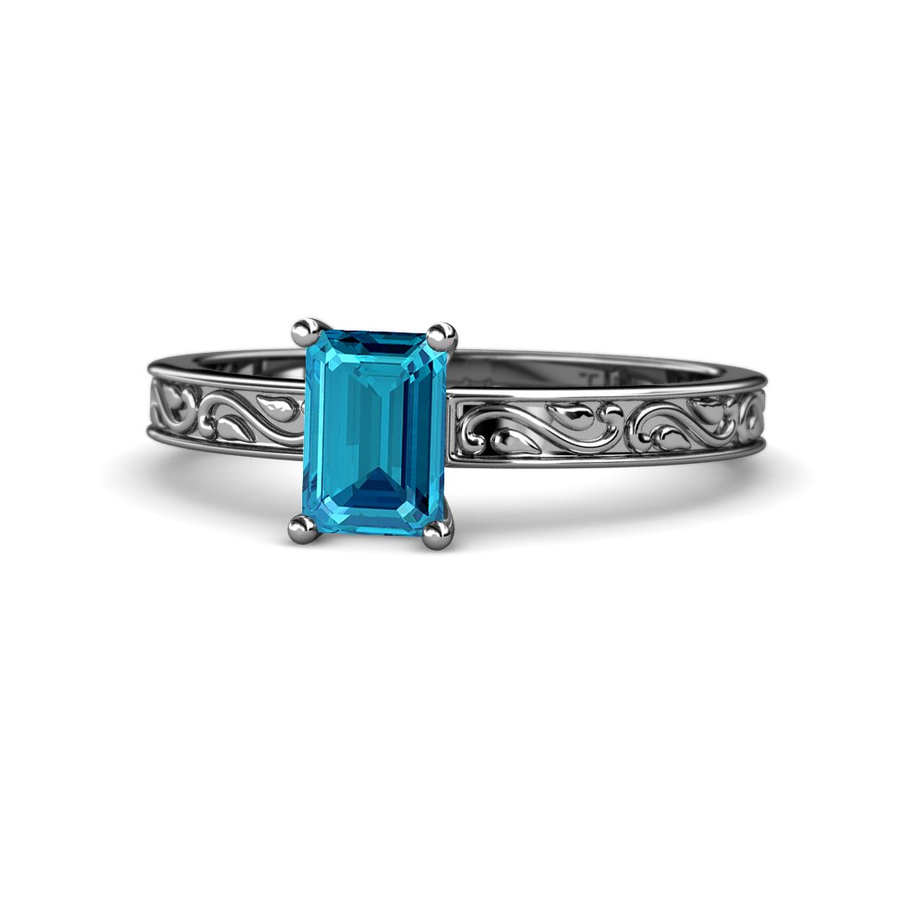 14K White Gold London Blue Topaz Engagement Ring - 7x5mm Oval Cut, 0.90 Carat Solitaire Scroll Design for Women | Perfect for Proposals, Anniversaries & Special Occasions