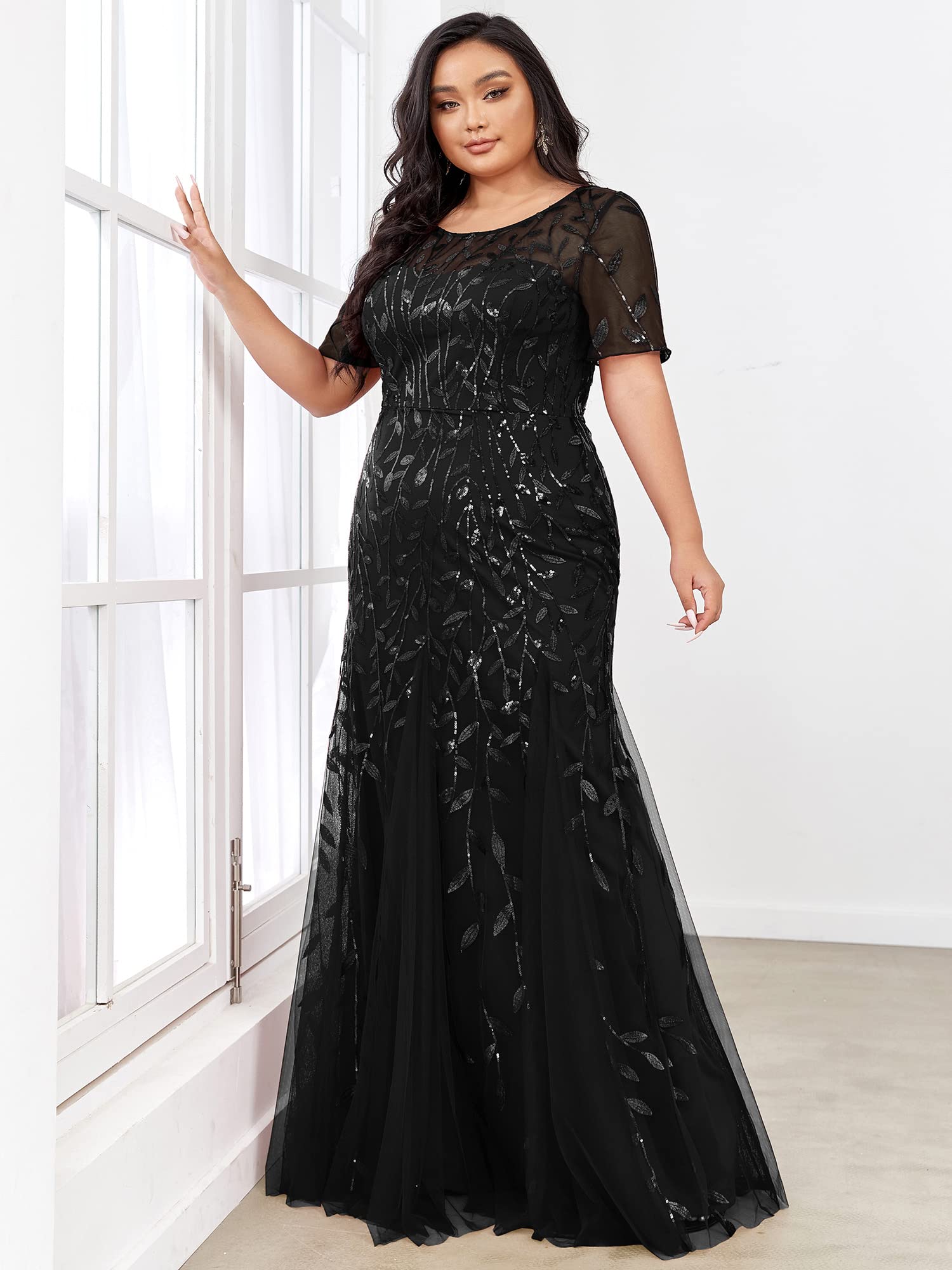 Ever-Pretty Women's Plus Size Embroidery Sequin Short Sleeve Bodycon Maxi Dress 07707-PZUSA | Elegant Formal Gown for Weddings, Prom, Evening Parties & Special Occasions