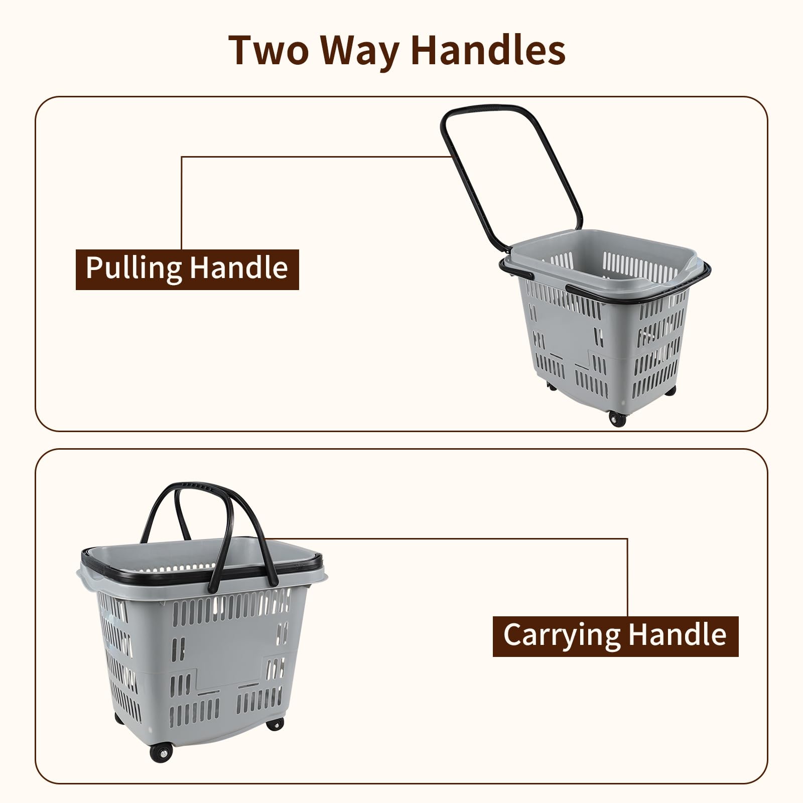 50L Plastic Rolling Shopping Basket with Handles - Portable Retail Cart for Supermarket, Grocery Store & Warehouse (4 Pack) - Ideal for Shopping, Stocking Shelves & Home Organization