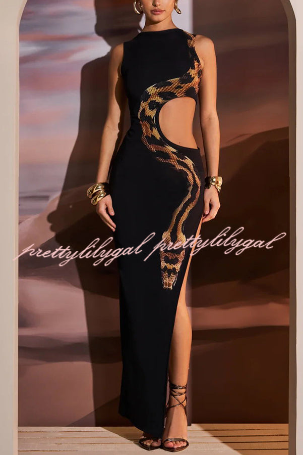 Wild Charm Snake Print Cut Out Detail Slit Stretch Maxi Dress for Women - Sexy Party, Evening, and Formal Occasions