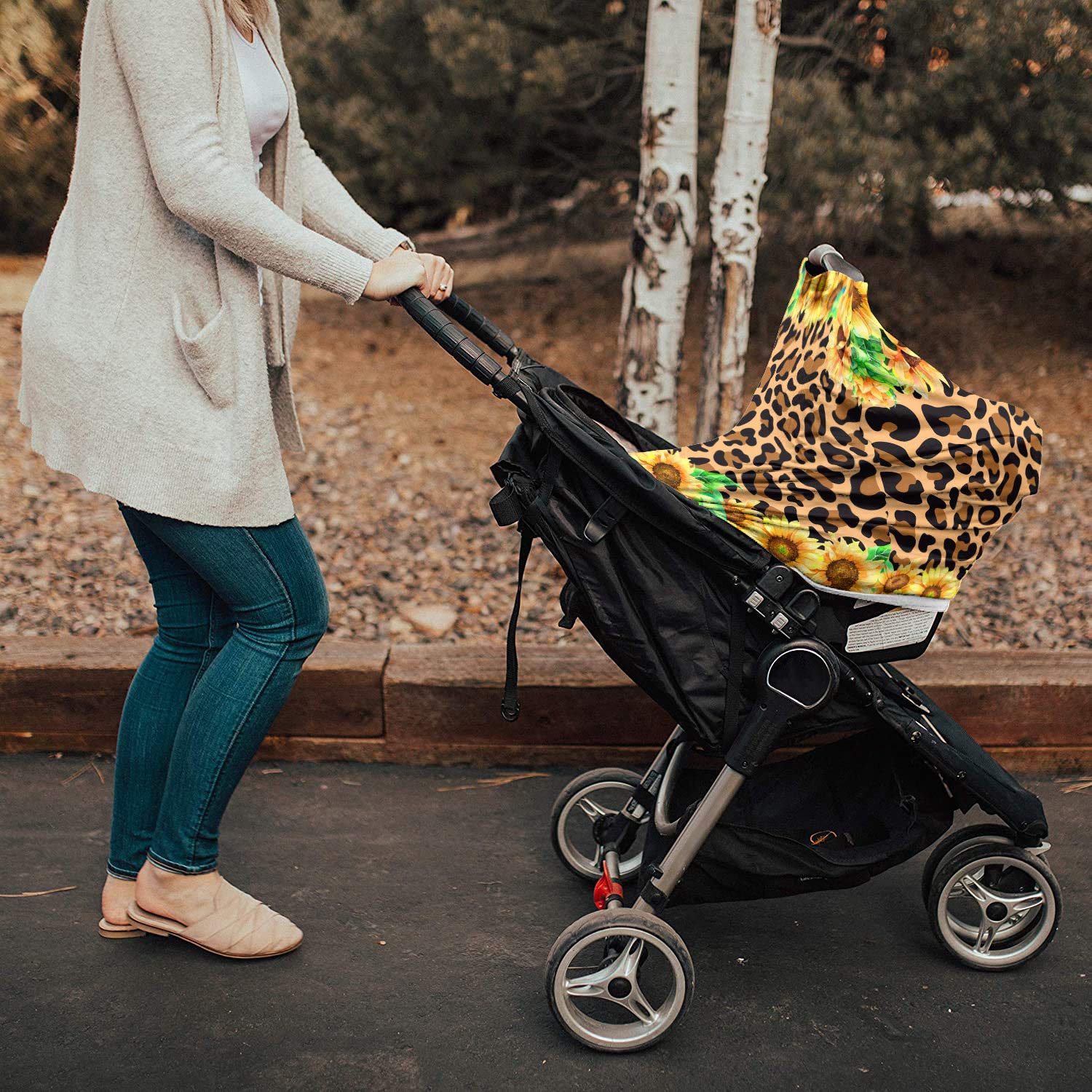 Breastfeeding Cover & Car Seat Canopy for Baby Girls & Boys - Soft Stretchy Nursing Scarf with Sunflower Leopard Pattern - Perfect for Strollers, Shopping & Outdoor Nursing