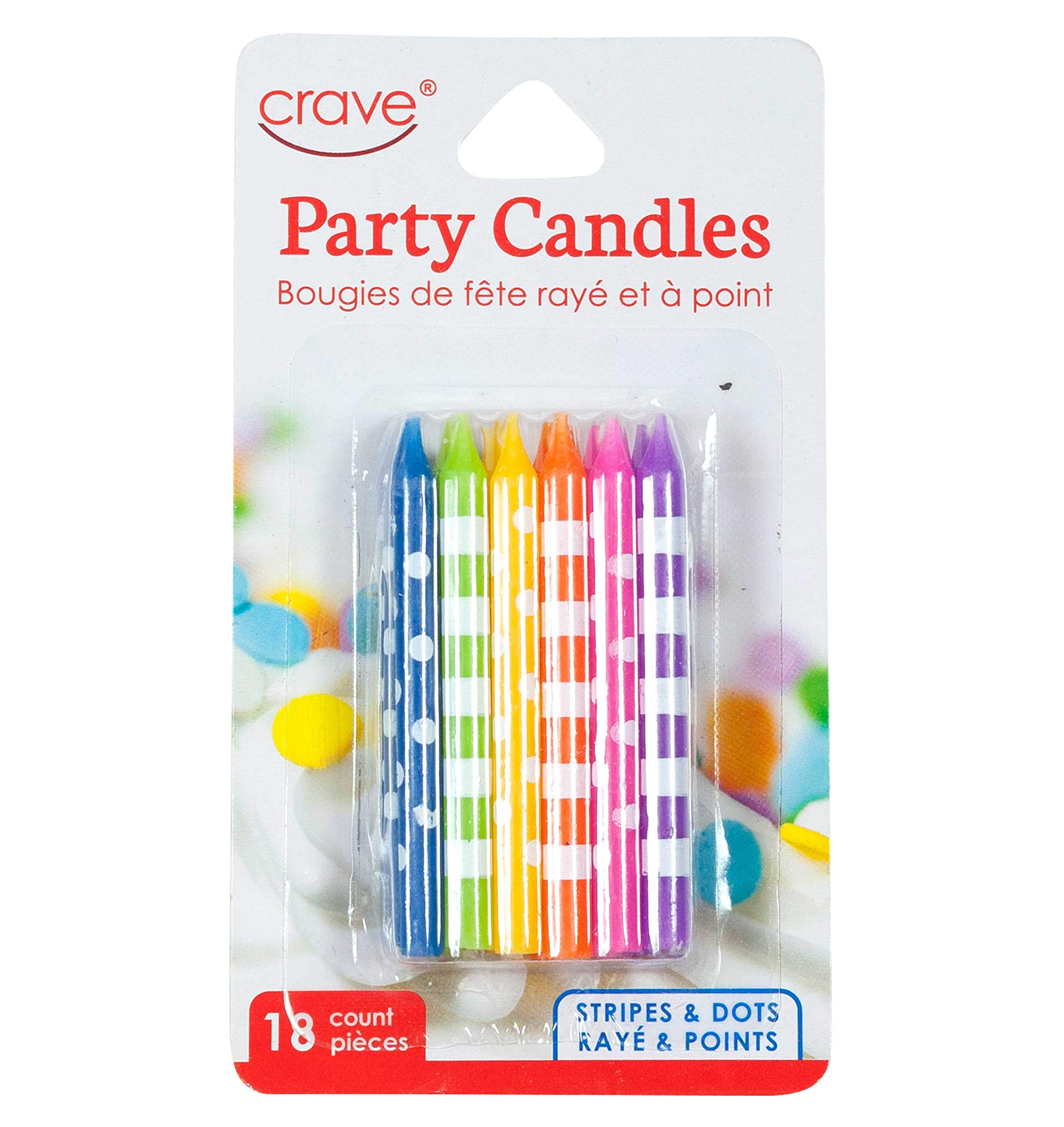 Jacent Fun Polka Dot & Striped Multicolor Birthday Candles - 18 Count Pack for Cake Decorating, Party Supplies & Celebrations