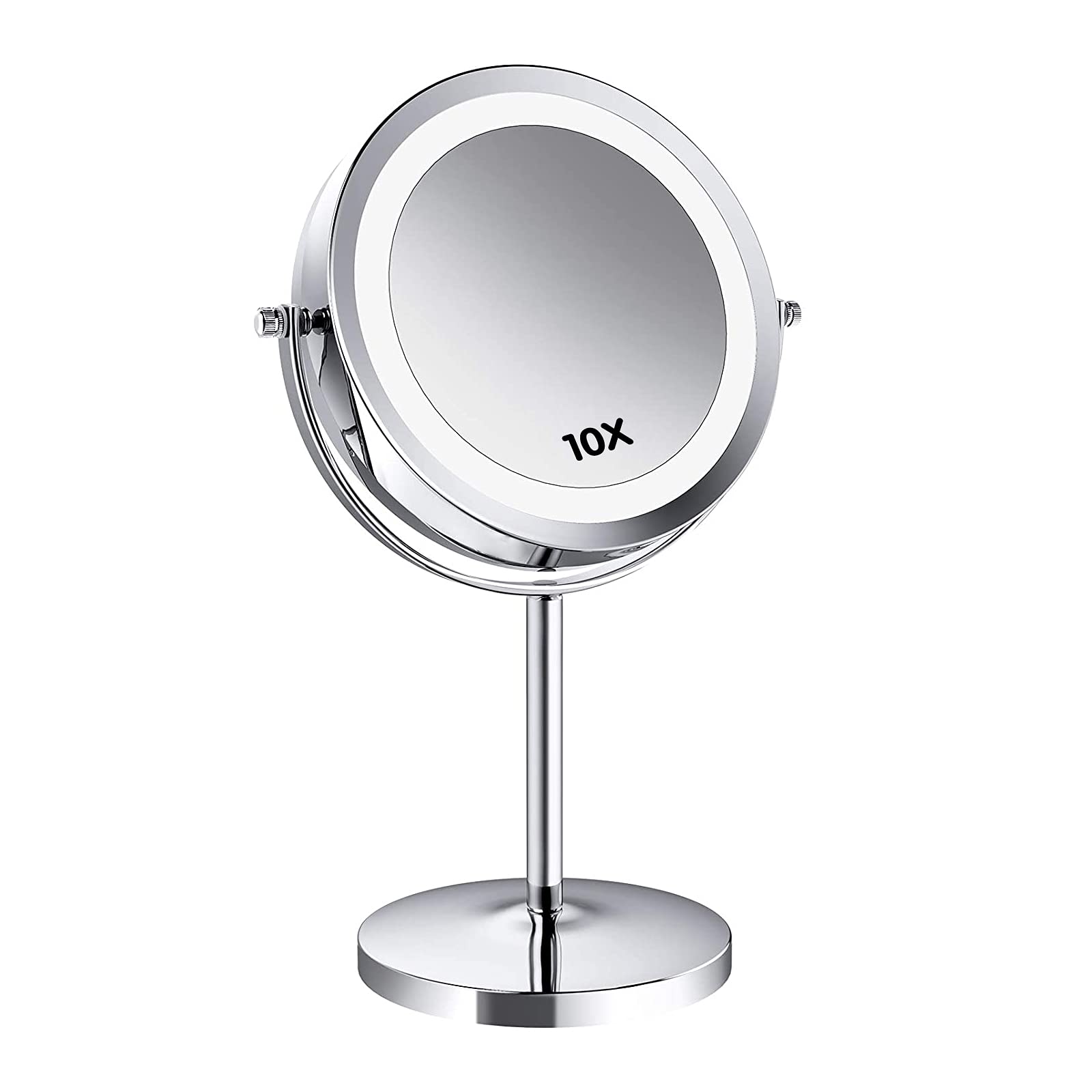 7-Inch LED Lighted Makeup Mirror with 1X/10X Magnification, 360° Rotation & Ring Lights - Battery Operated Vanity Mirror for Table Stand or Desk - Perfect for Makeup Application, Skincare & Grooming at Home or Travel