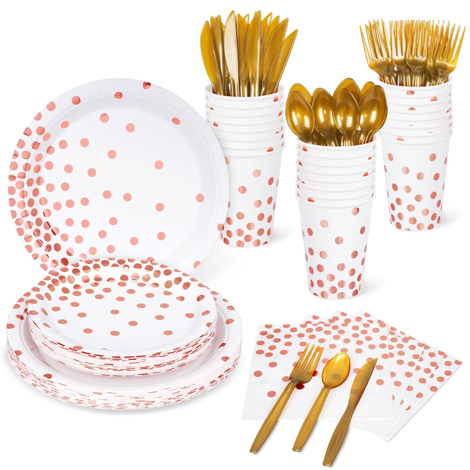 DECORLIFE 192-Piece Rose Gold Party Dinnerware Set - 12 oz Cups, Napkins, Cutlery for 24 Guests | Elegant Tableware for Baby Showers, Weddings, Bridal Showers & Birthday Parties | Perfect for Luxury Celebrations & Formal Events