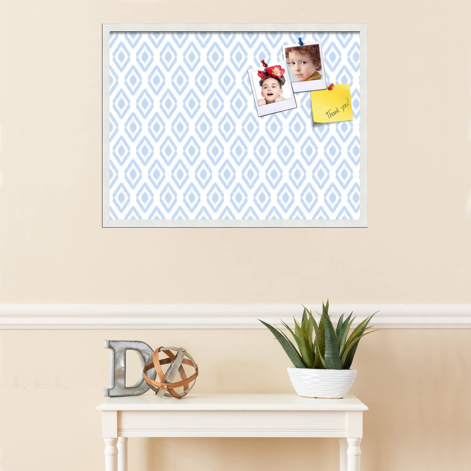 PinPix 32x24 Inch Cork Bulletin Board with Ikat Light Blue Design & Satin White Frame - Decorative Framed Pin Board for Home Office School Decor - Perfect for Wall Organization, Memo Display & Photo Collage