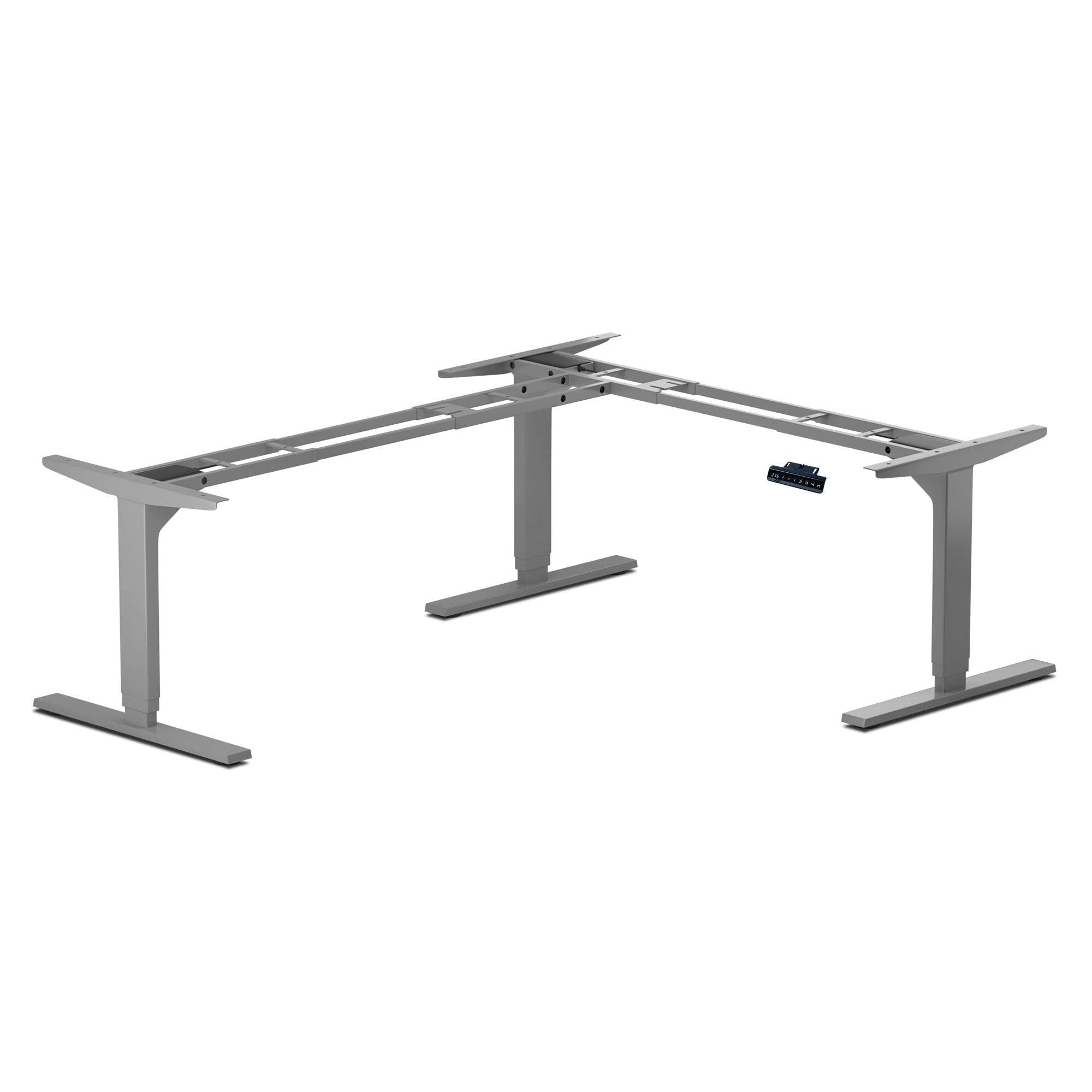 Adjustable L-Shaped Standing Desk Frame with Triple Electric Motors - FLT-05 Grey Corner Desk for Home Office | Ergonomic Height & Width Adjustment for Dual Workstations