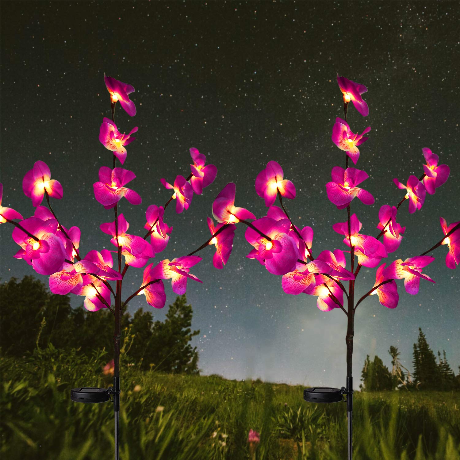 HeyMate 2 Pack Solar Flower Lights Outdoor - Waterproof Purple Orchid Solar Garden Lights for Patio, Yard, Backyard, Pathway | Decorative Solar Christmas Lights for Outdoor Garden Decor & Landscape Lighting